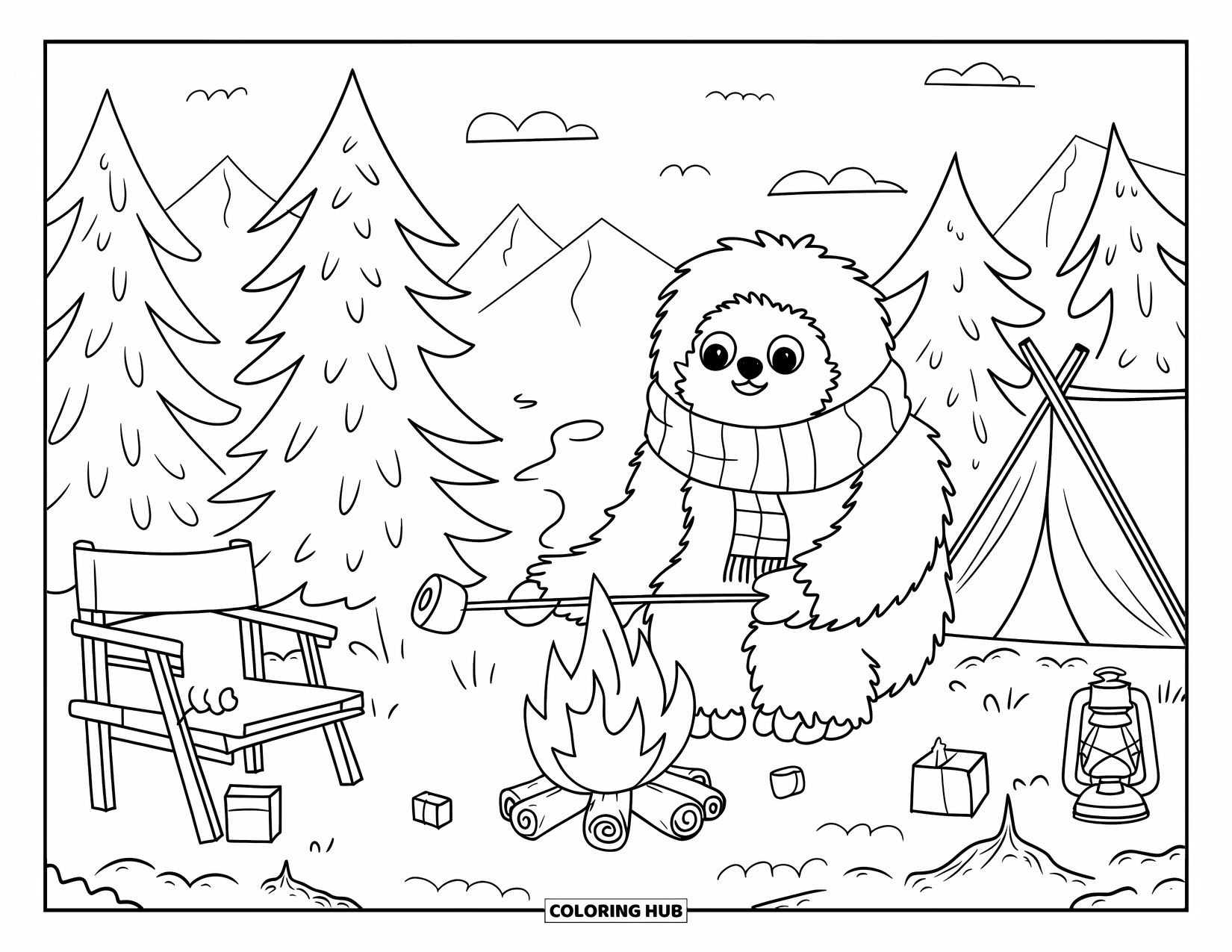 Mythical Creatures Coloring Page for Adults: A happy yeti enjoys marshmallows by a fire surrounded by trees