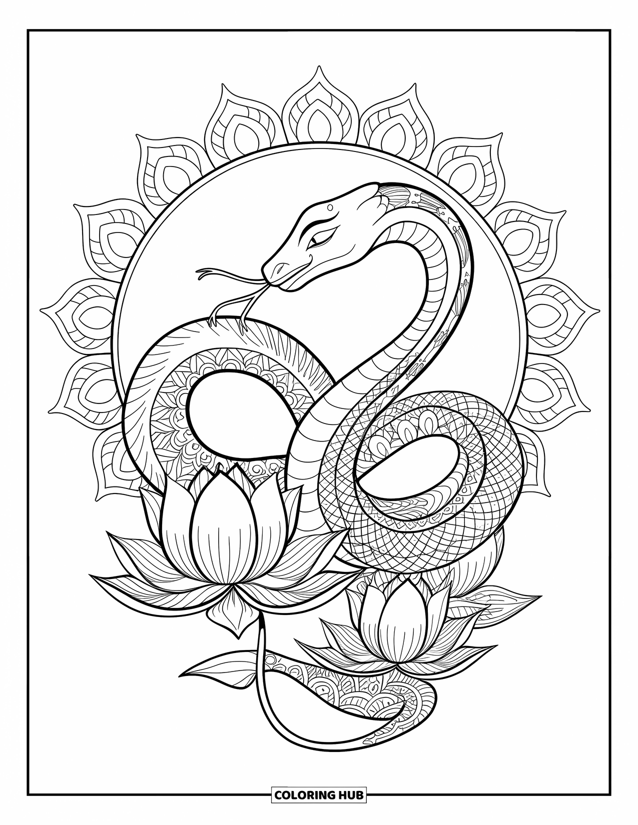 Mythical Creatures Coloring Page for Adults: A naga with a human face coils gracefully around lotus mandalas