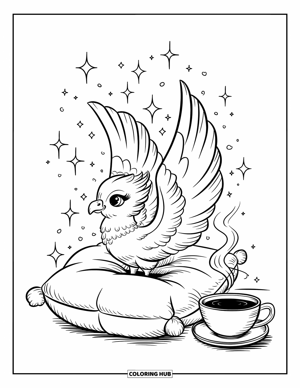 Mythical Creatures Coloring Page for Adults: A tiny phoenix rests on a soft pillow beside a warm cup of tea