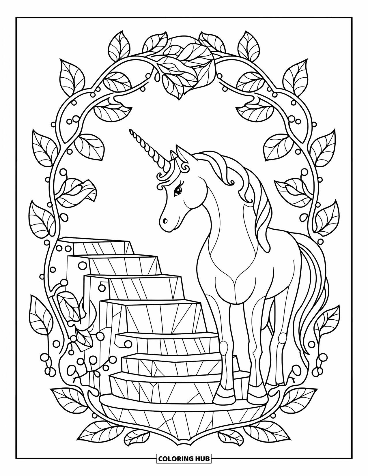 Mythical Creatures Coloring Page for Adults: A unicorn with a crown rests beside a crystal waterfall and vines