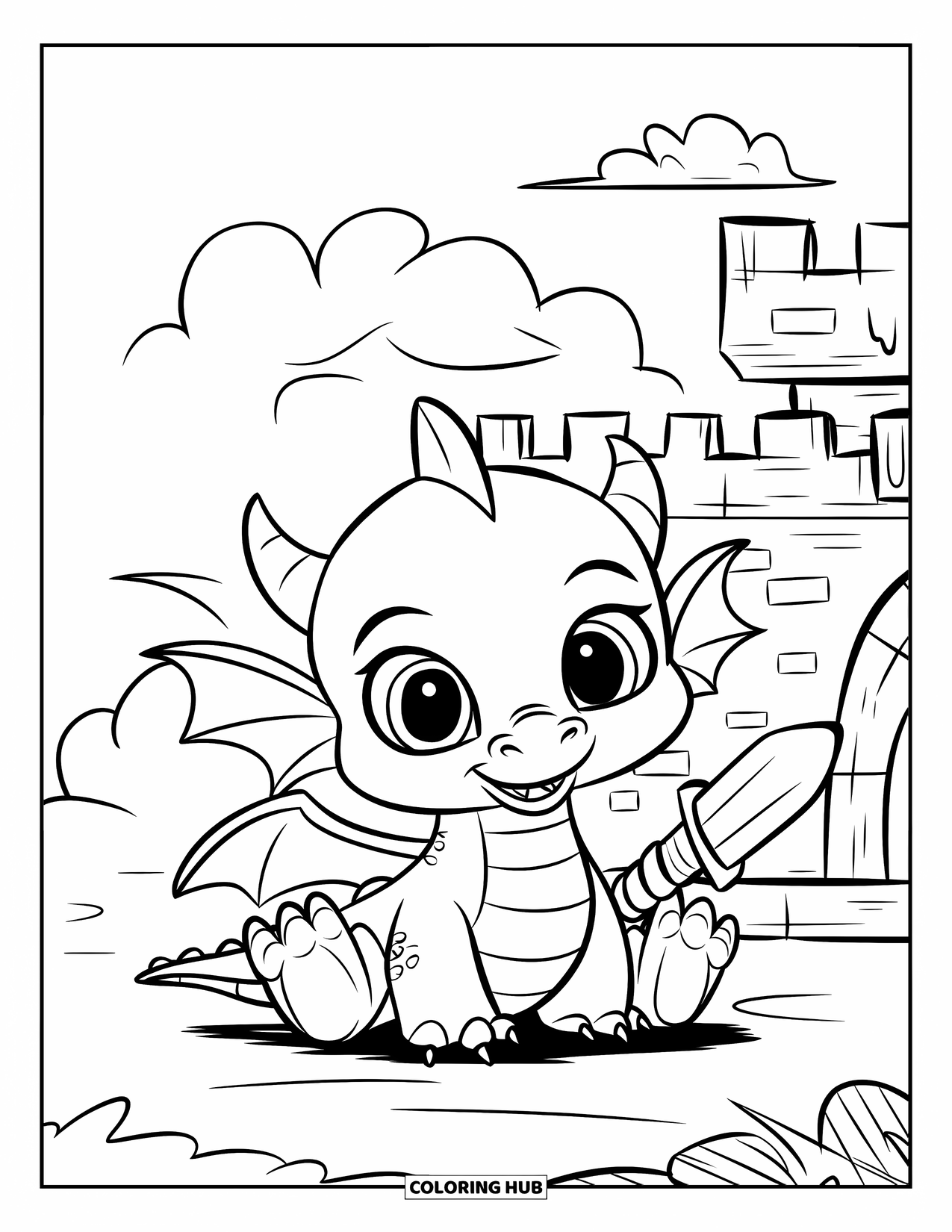 Mythical Creatures Coloring Page for Kids: A baby dragon with a sword sits beside a stone castle