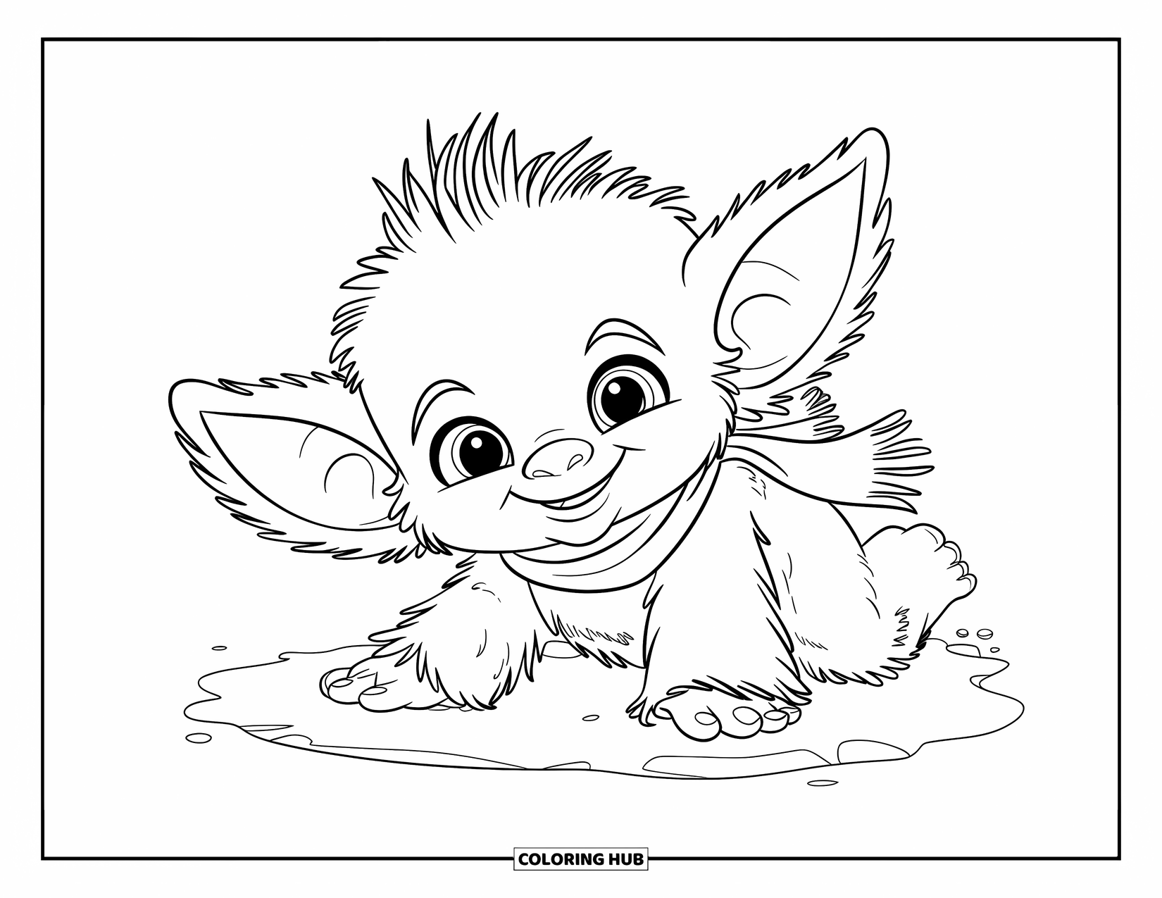 Mythical Creatures Coloring Page for Kids: A baby yeti with big ears happily makes a snow angel