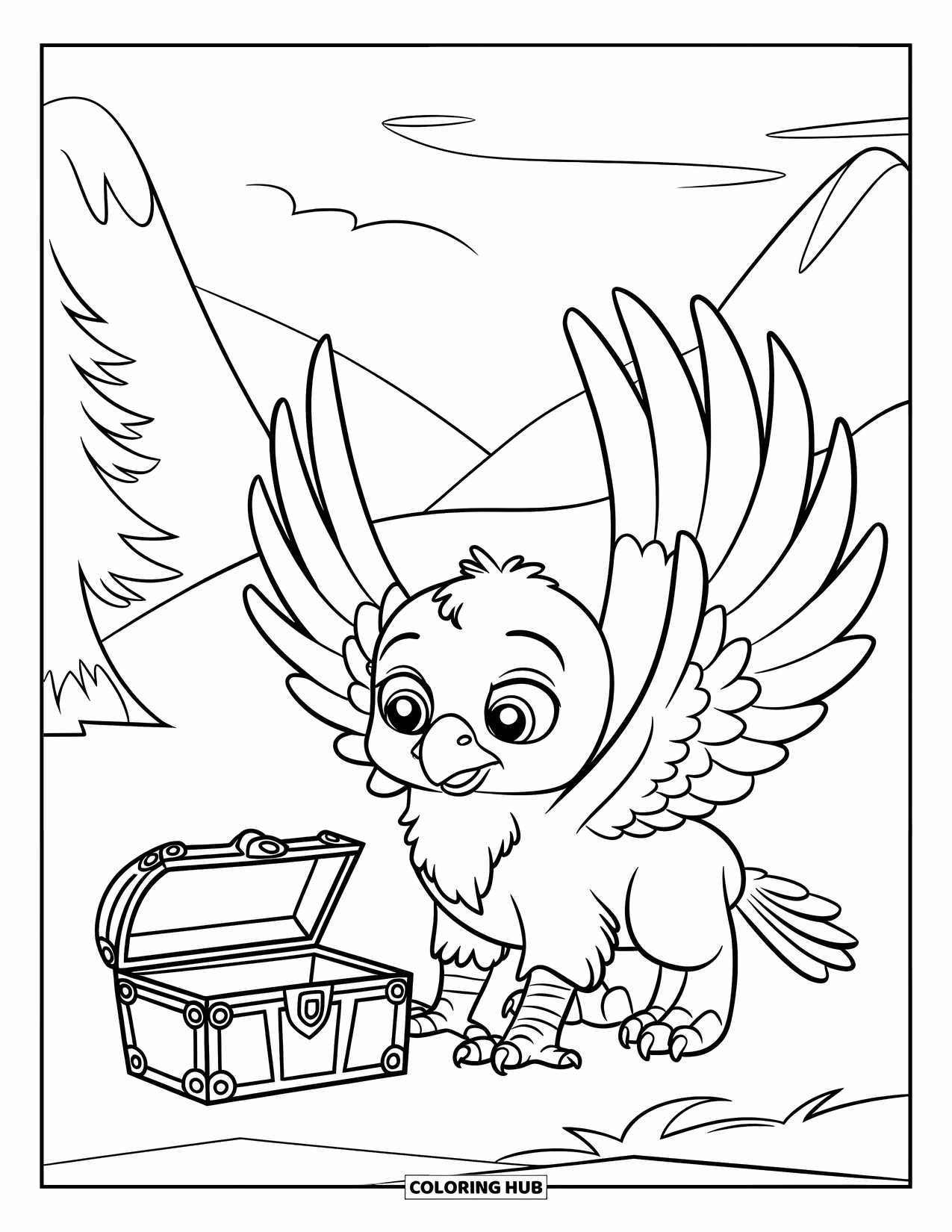 Mythical Creatures Coloring Page for Kids: A cheerful baby griffin sits near a chest in the mountains
