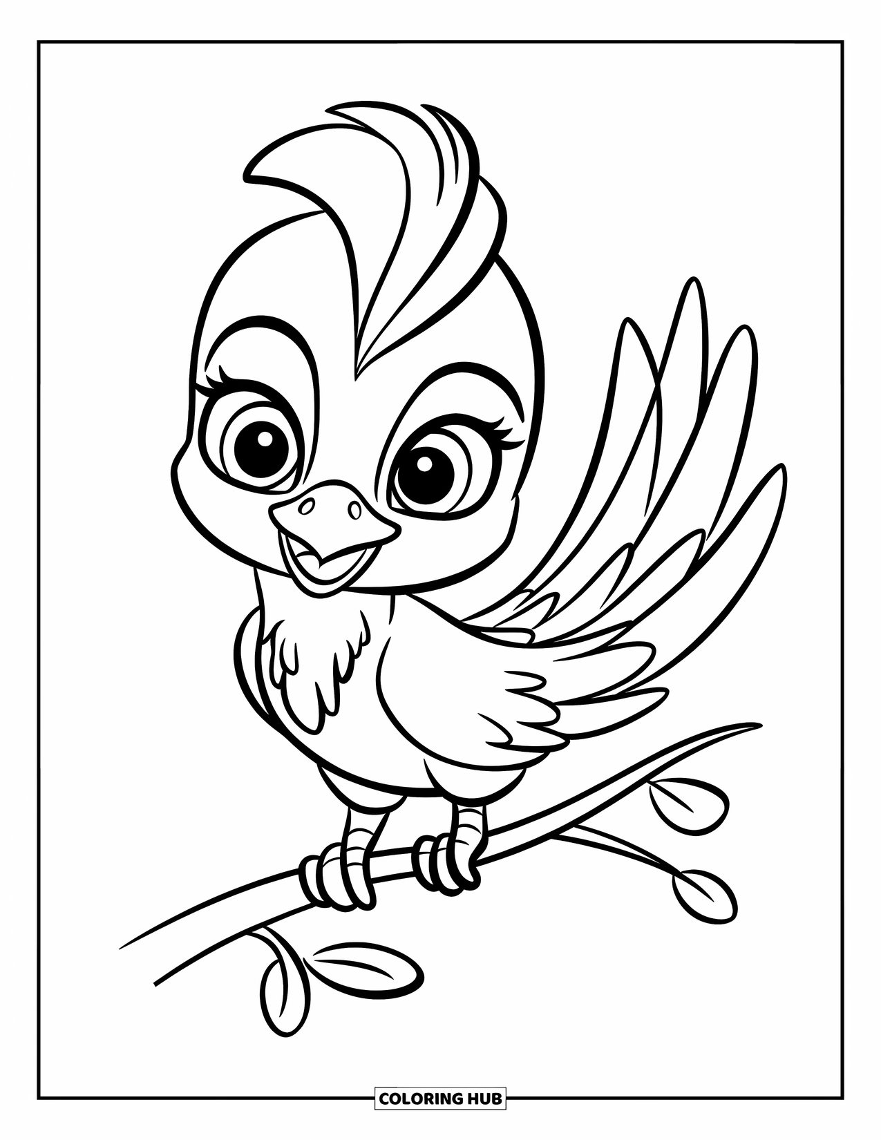 Mythical Creatures Coloring Page for Kids: A cheerful baby phoenix perches proudly on a tiny branch