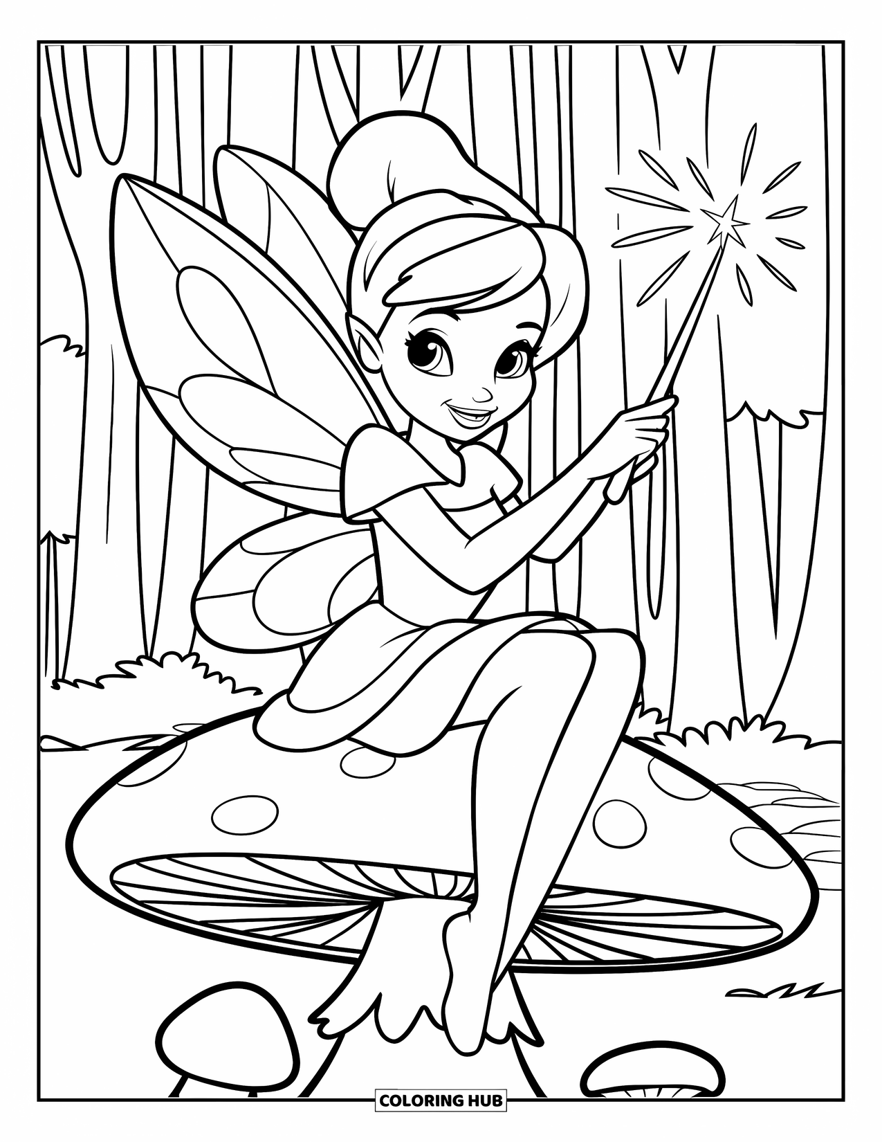 Mythical Creatures Coloring Page for Kids: A cheerful fairy with big eyes sits on a mushroom in the forest