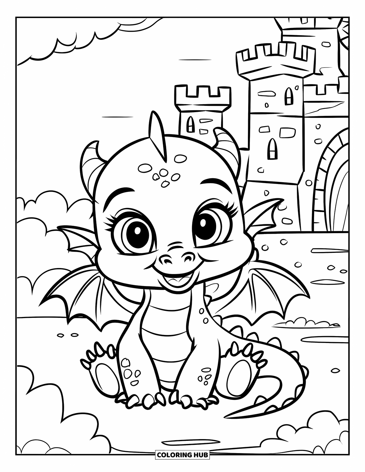 Mythical Creatures Coloring Page for Kids: A cute baby dragon sits near a tall castle blowing smoke