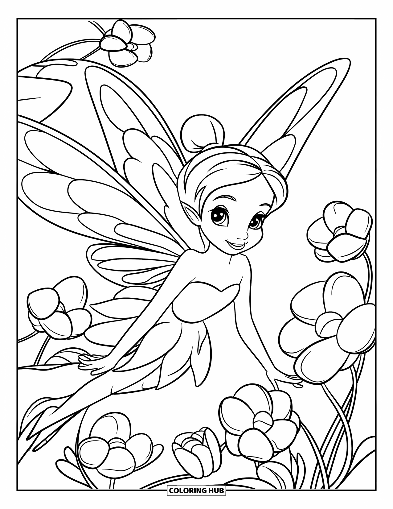 Mythical Creatures Coloring Page for Kids: A fairy with fluttering wings flies happily among blooming flowers