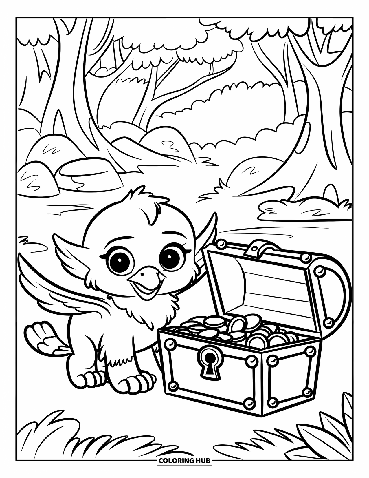 Mythical Creatures Coloring Page for Kids: A fluffy baby griffin guards a treasure chest in a forest