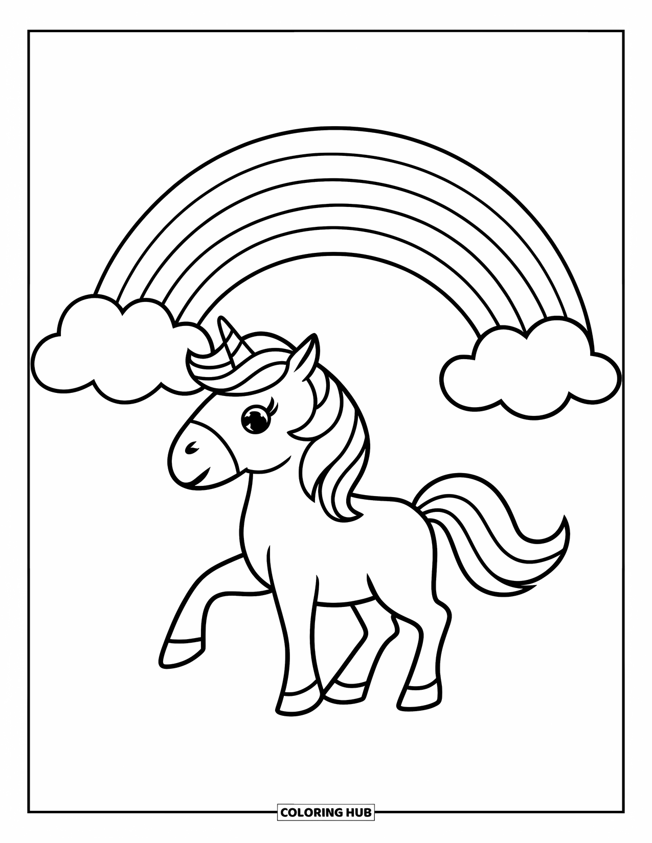 Mythical Creatures Coloring Page for Kids: A friendly unicorn trots under a bright rainbow of clouds