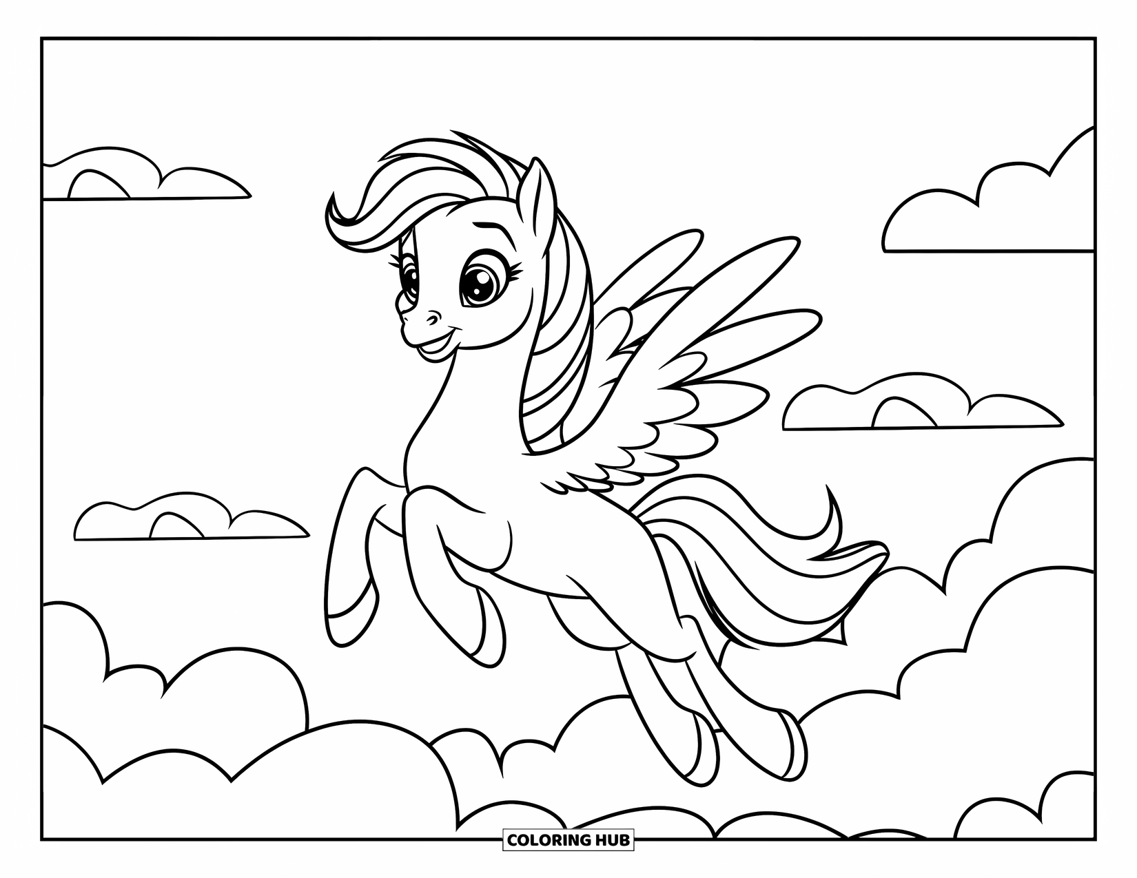 Mythical Creatures Coloring Page for Kids: A gentle pegasus flies happily above soft, fluffy clouds