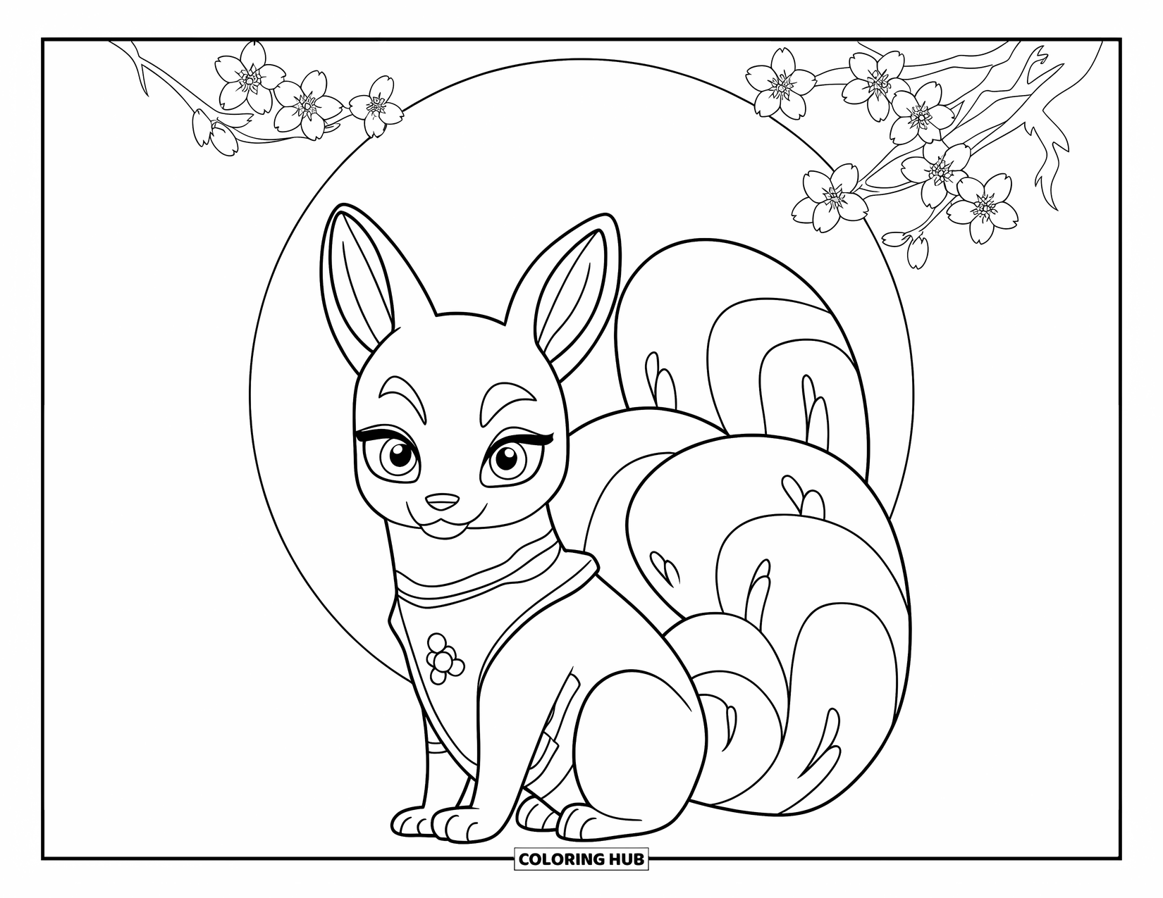 Mythical Creatures Coloring Page for Kids: A graceful kitsune with many tails sits under a full moon
