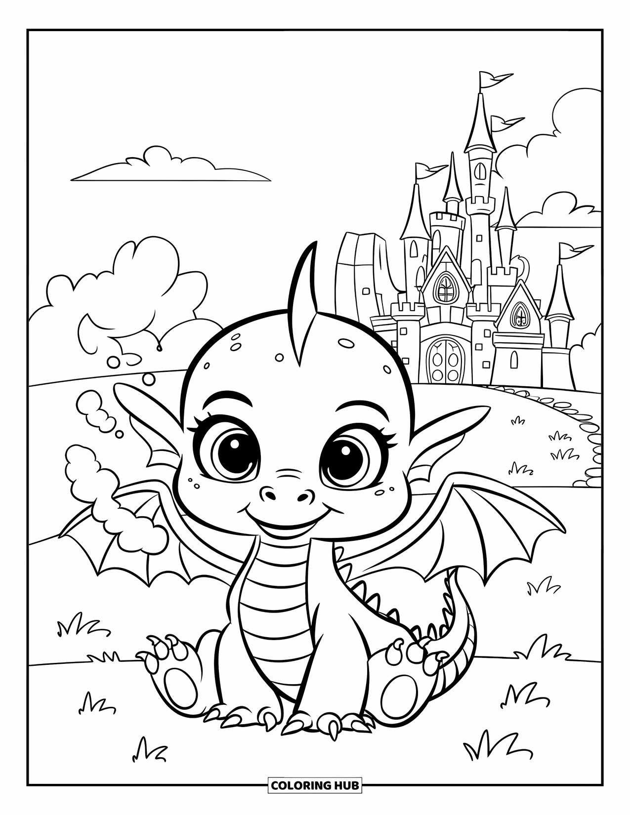 Mythical Creatures Coloring Page for Kids: A happy baby dragon puffs smoke beside a castle tower
