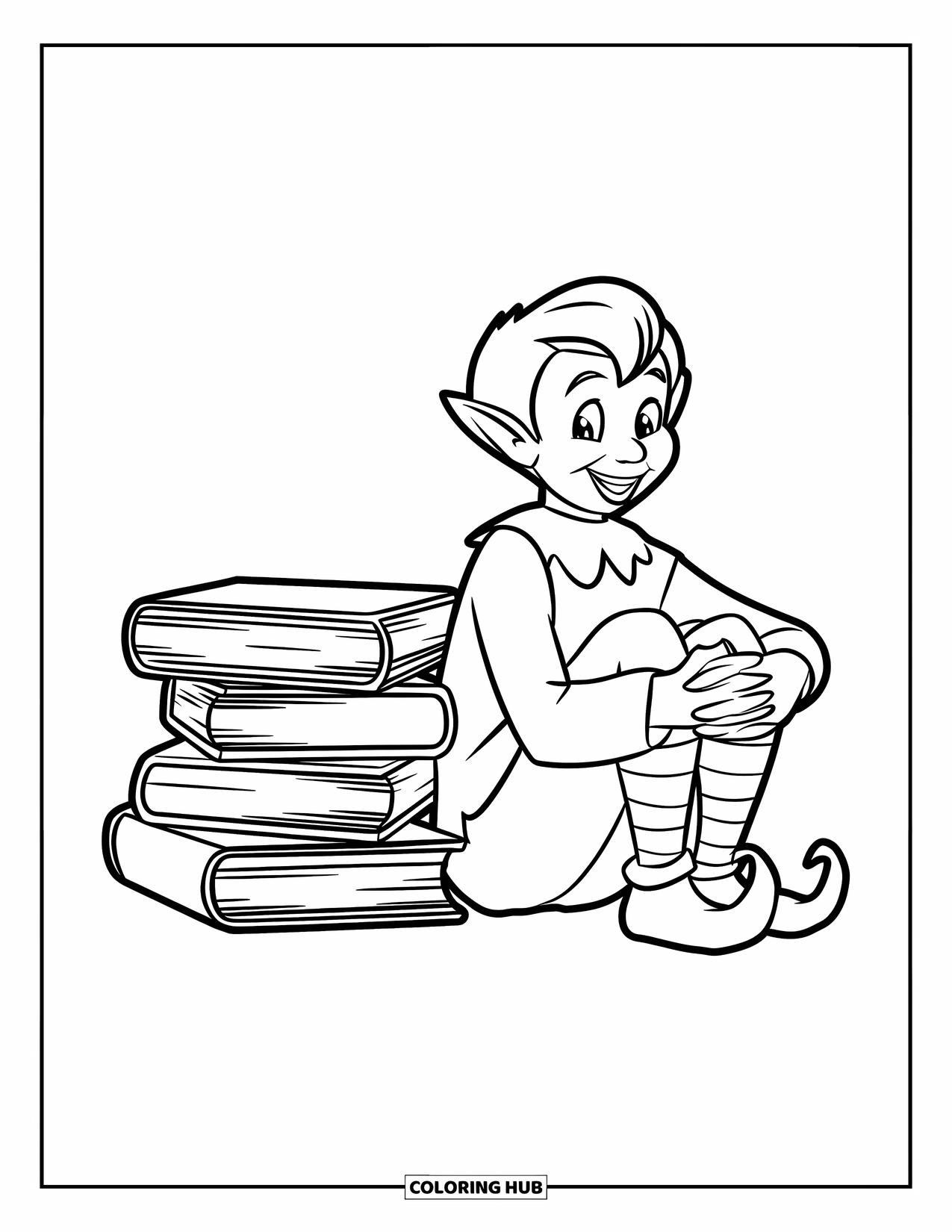 Mythical Creatures Coloring Page for Kids: A happy elf sits beside a tall stack of books