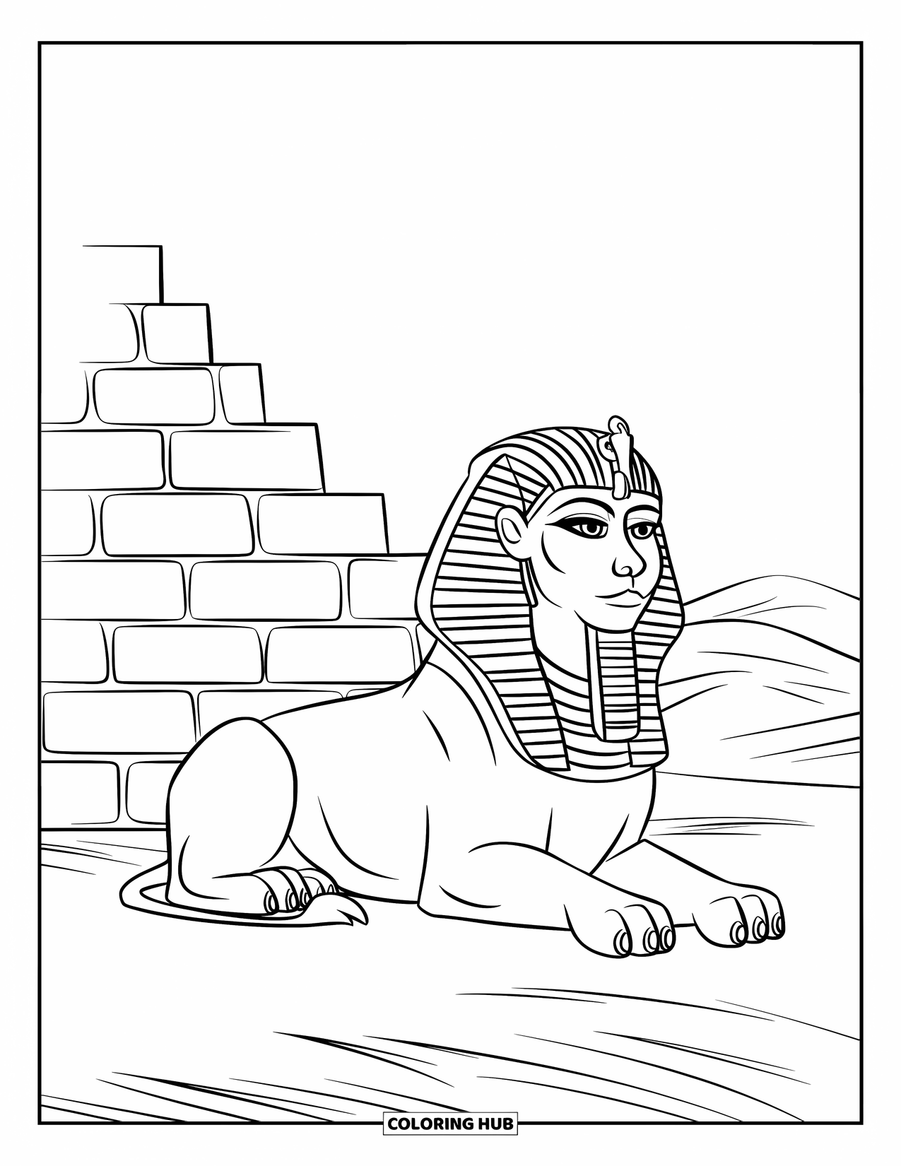Mythical Creatures Coloring Page for Kids: A majestic sphinx guards a pyramid across rolling sand dunes