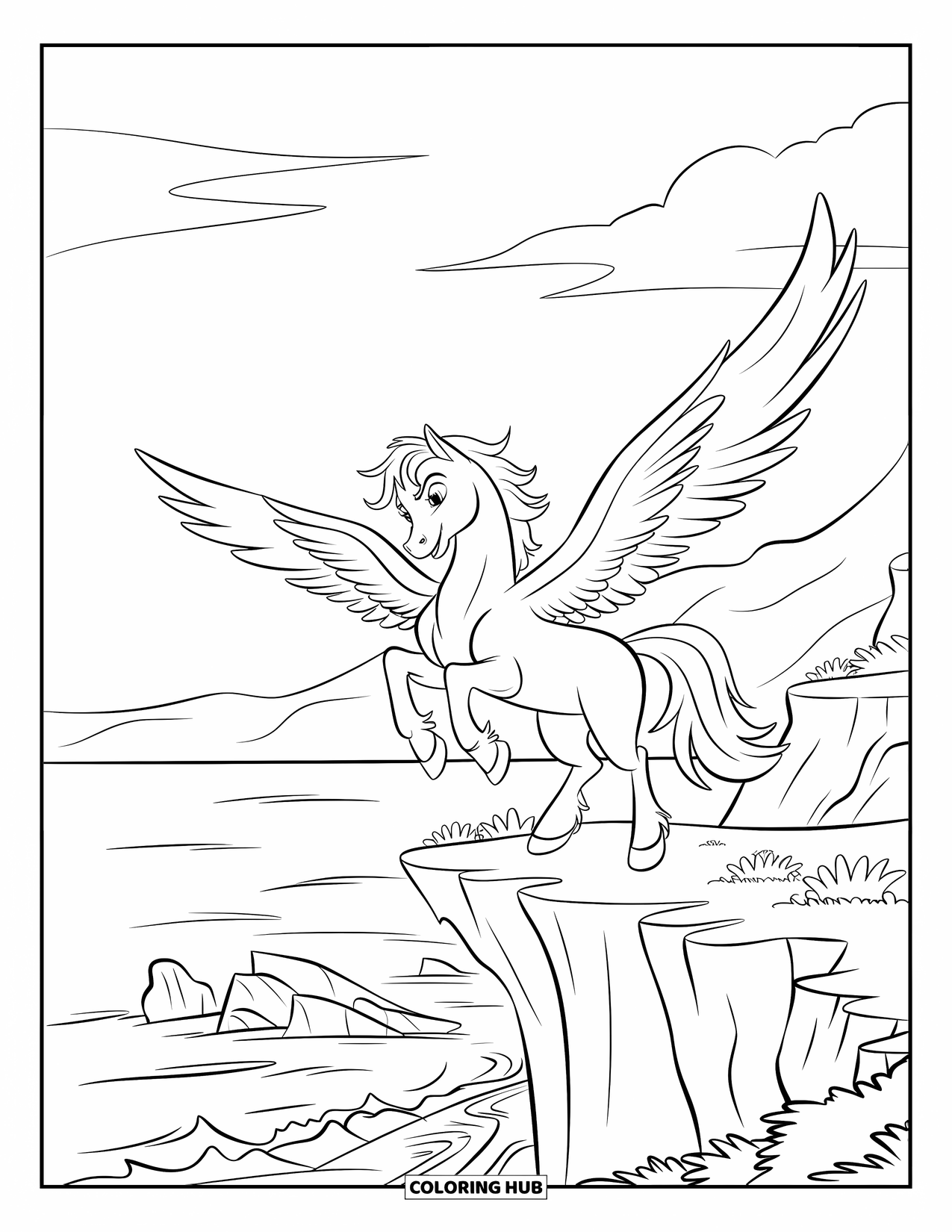 Mythical Creatures Coloring Page for Kids: A pegasus spreads its wings on a rocky cliff above the waves