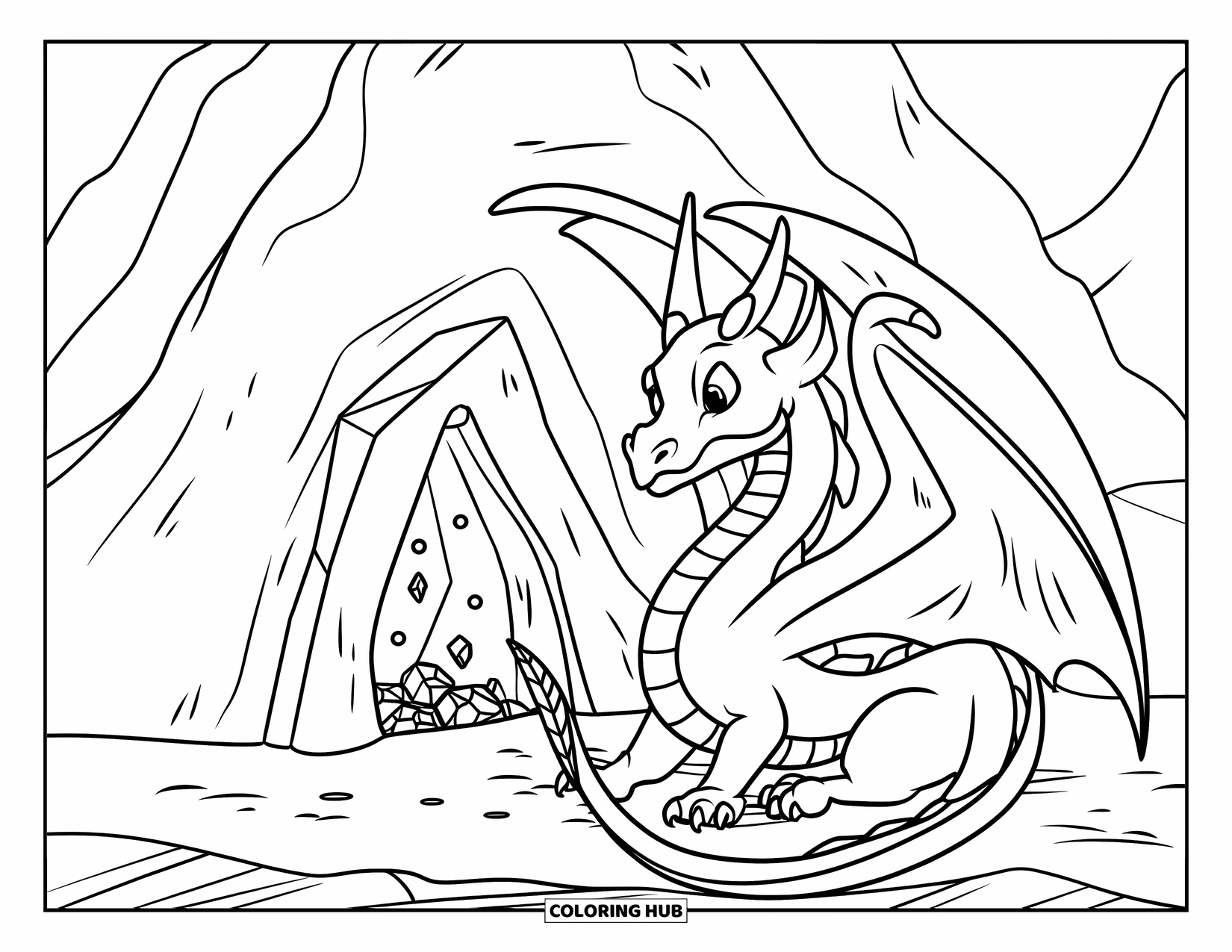 Mythical Creatures Coloring Page for Kids: A resting dragon watches over a treasure-filled mountain cave