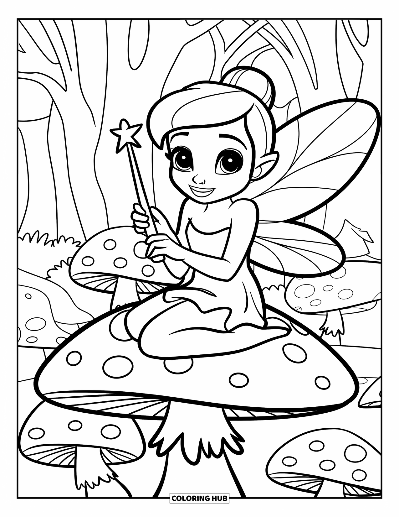 Mythical Creatures Coloring Page for Kids: A smiling fairy sits on a mushroom holding a magic wand