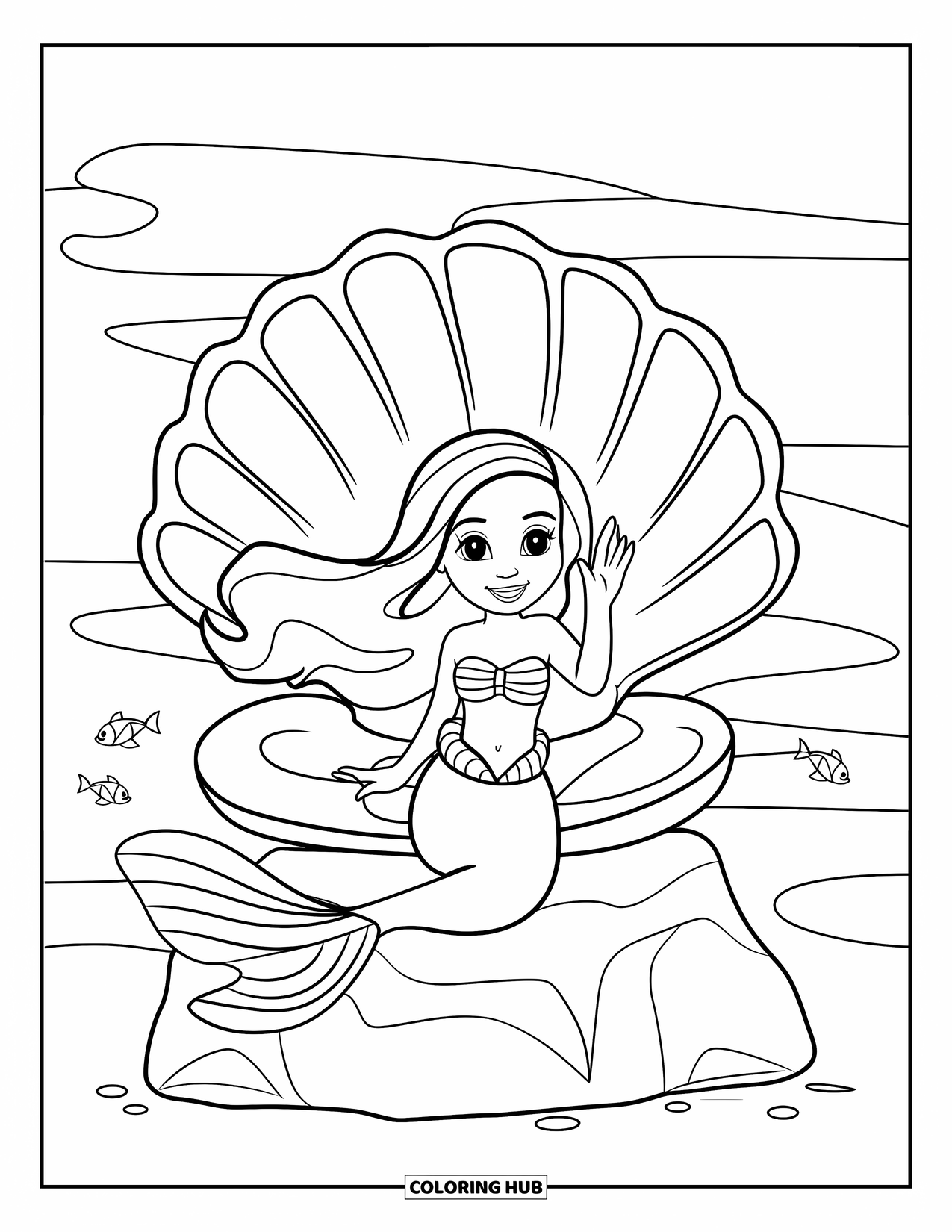 Mythical Creatures Coloring Page for Kids: A smiling mermaid sits near a seashell waving by the ocean