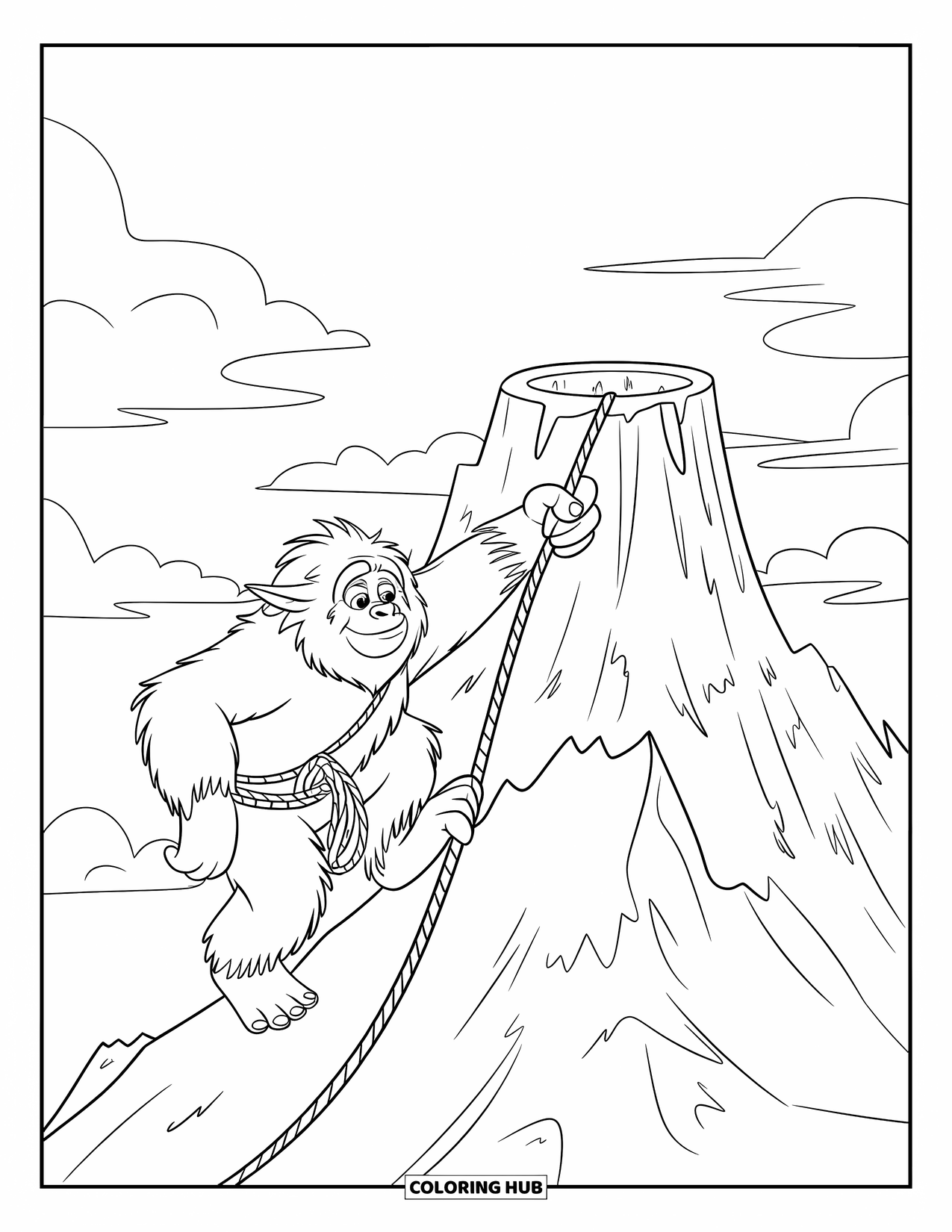 Mythical Creatures Coloring Page for Kids: A yeti scales a steep snowy mountain under a glowing sky