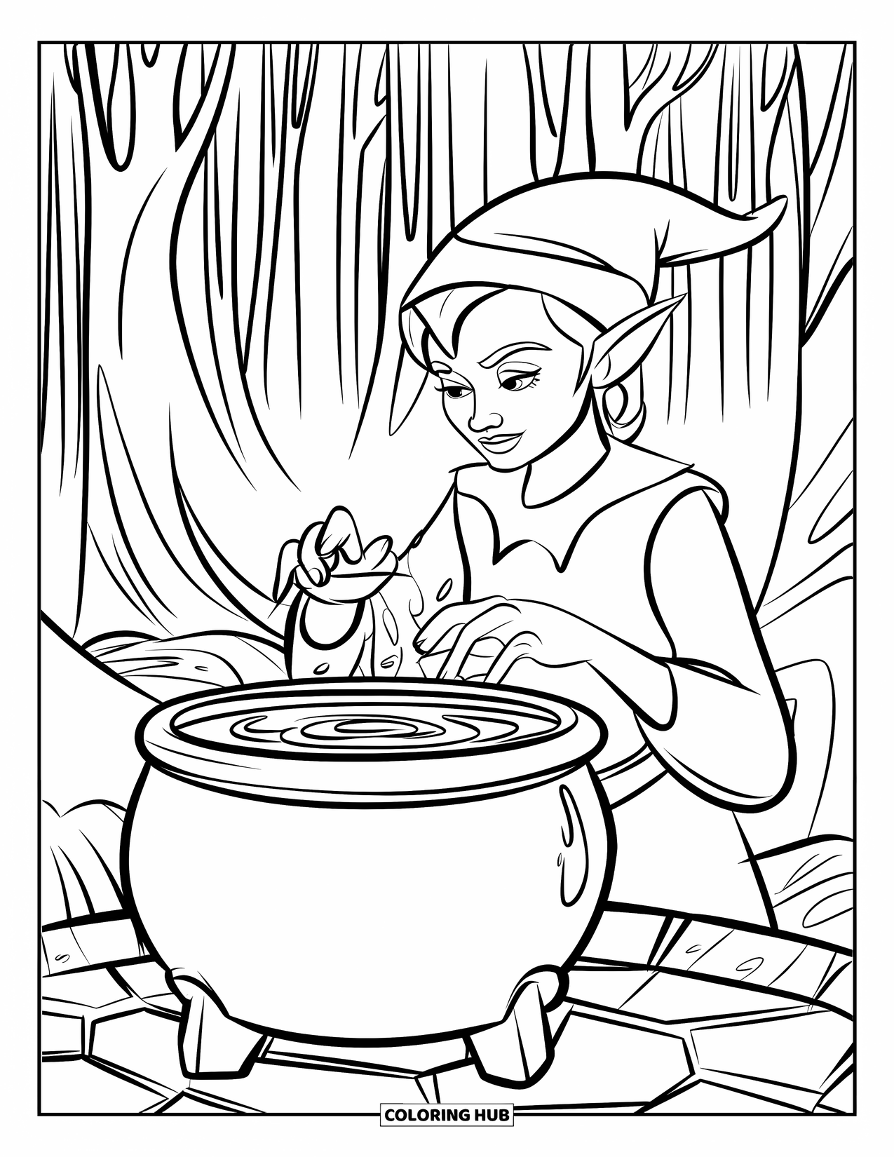 Mythical Creatures Coloring Page for Kids: An elf brews a magical potion beside a bubbling cauldron in the forest