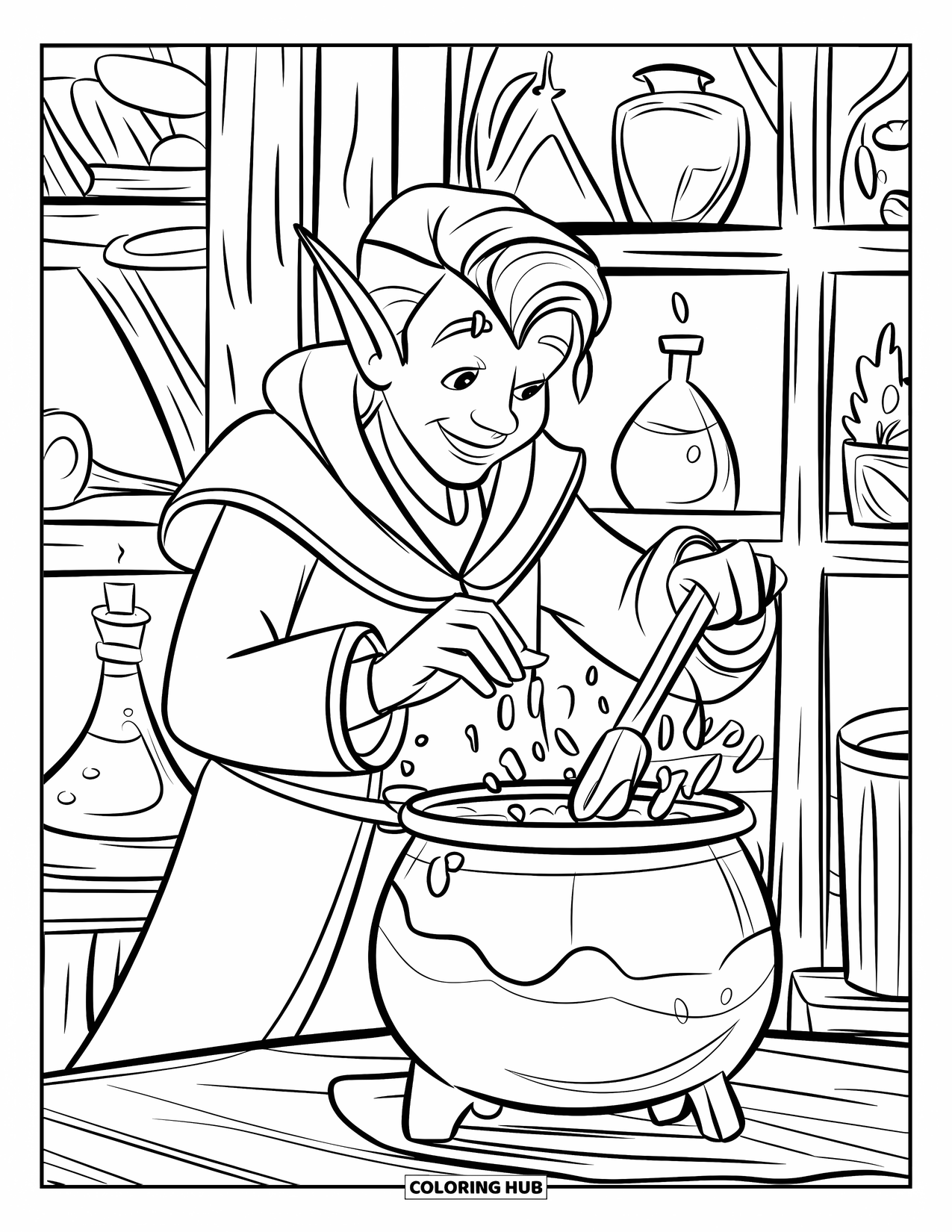 Mythical Creatures Coloring Page for Kids: An elf brews a potion beside a bubbling magical cauldron