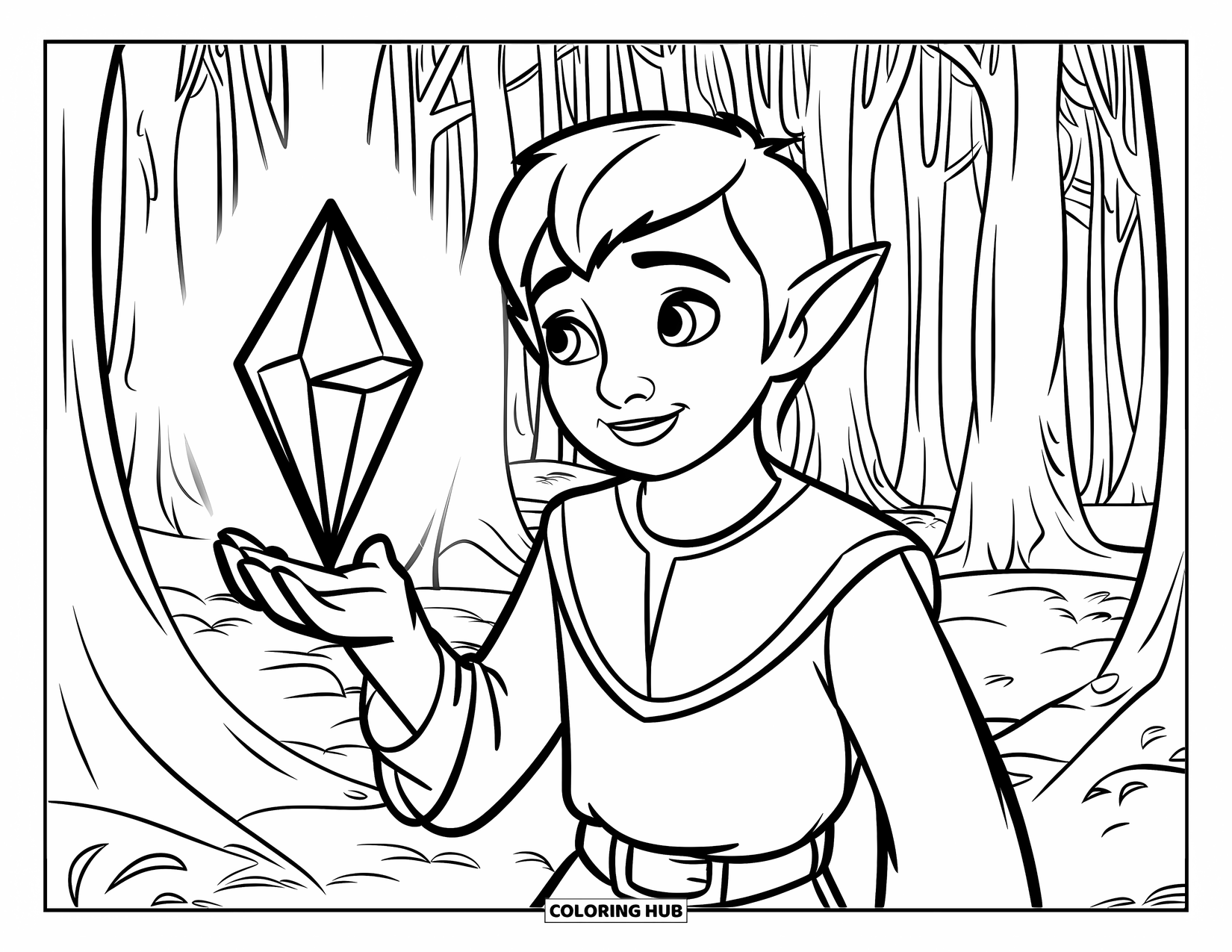 Mythical Creatures Coloring Page for Kids: An elf raises a glowing crystal beneath tall forest trees