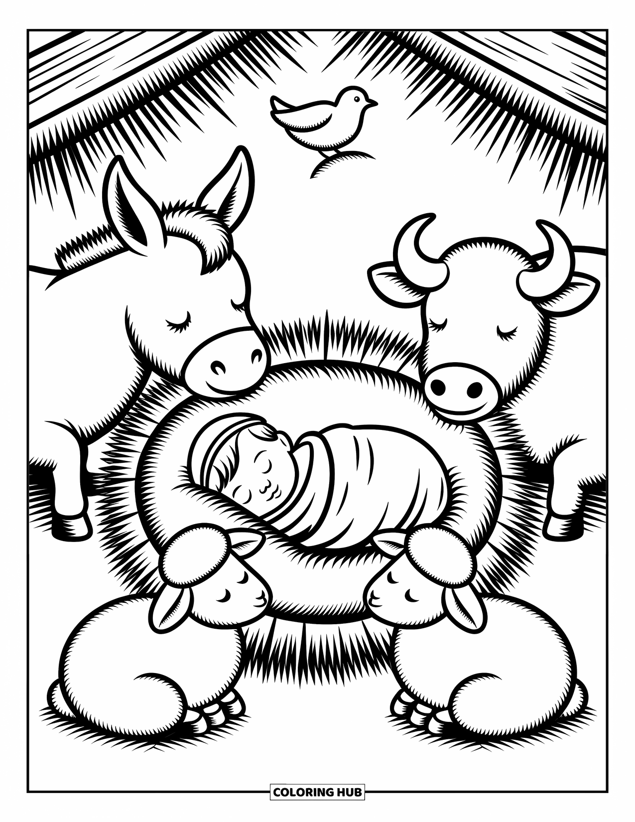 Nativity Coloring Page for Adults: A calm manger scene with baby Jesus sleeping among gentle animals and soft hay
