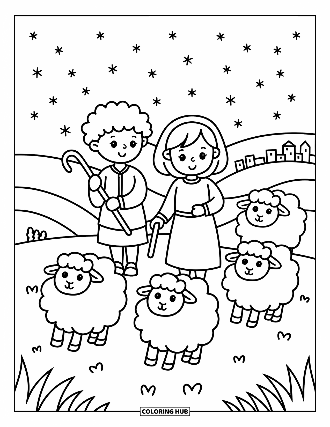 Nativity Coloring Page for Adults: A shepherd boy and girl lead fluffy sheep across a quiet hillside under the stars