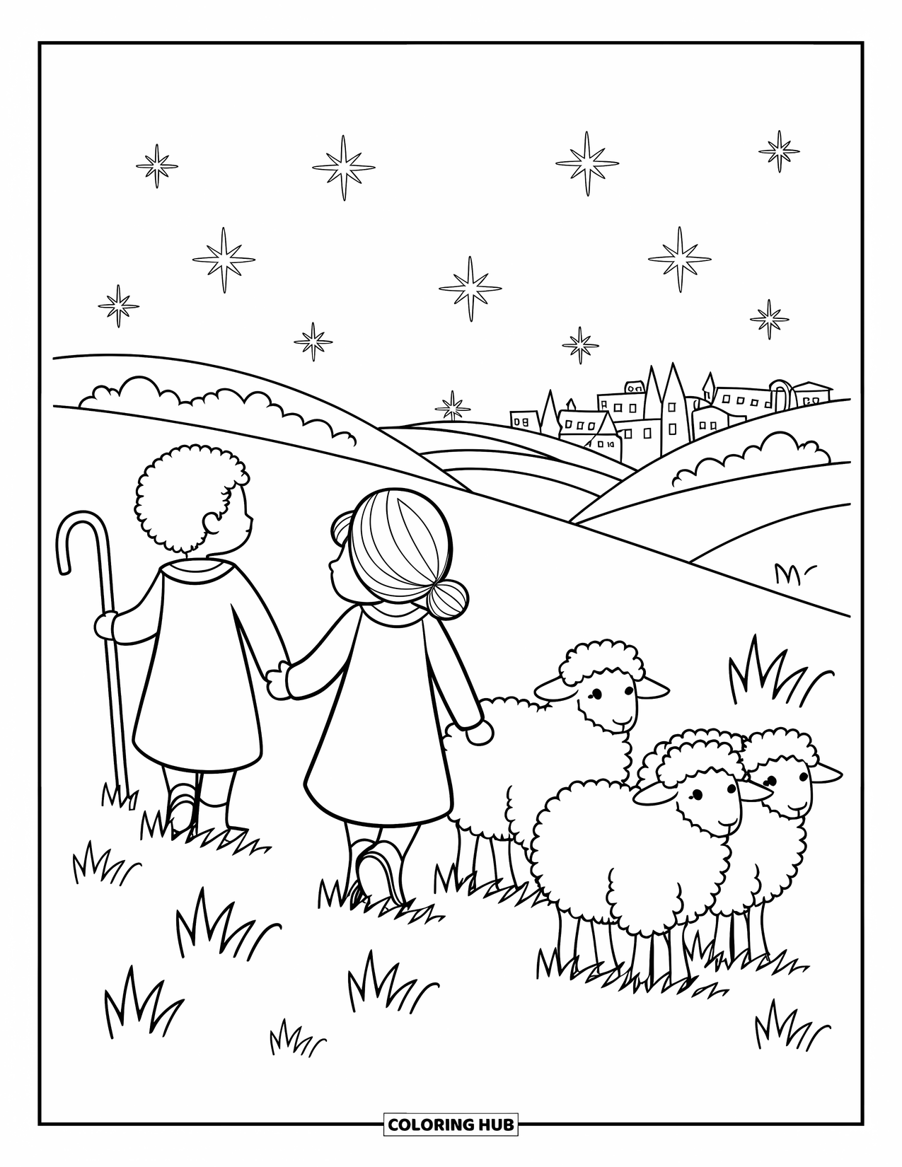 Nativity Coloring Page for Adults: A shepherd boy and girl walk with their sheep under a starlit sky near Bethlehem