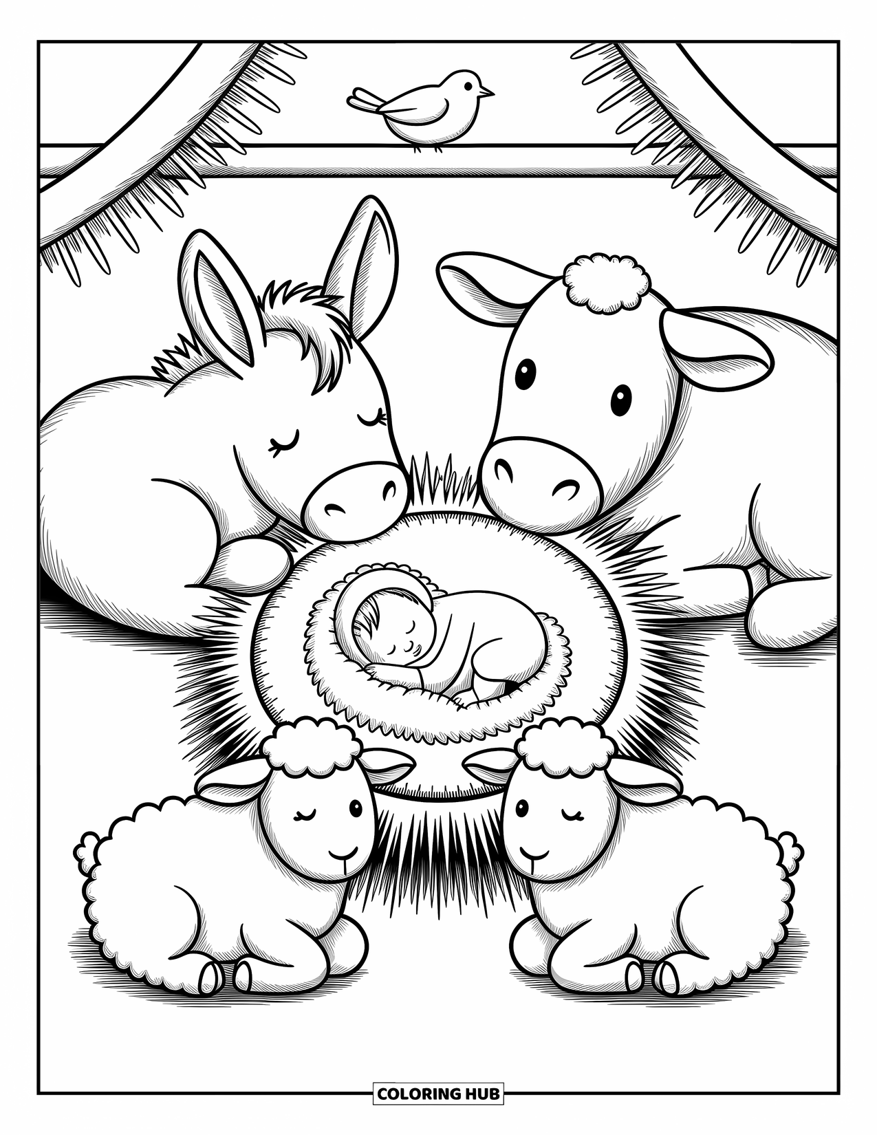 Nativity Coloring Page for Adults: Baby Jesus sleeps in a cozy manger surrounded by gentle animals and soft hay