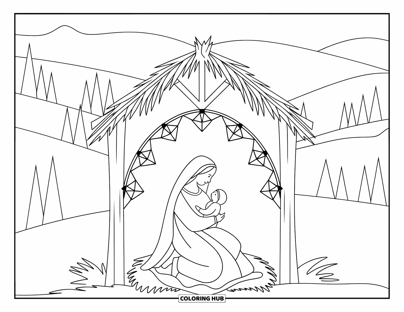 Nativity Coloring Page for Adults: Mary holds baby Jesus in a peaceful stable framed by floral arches
