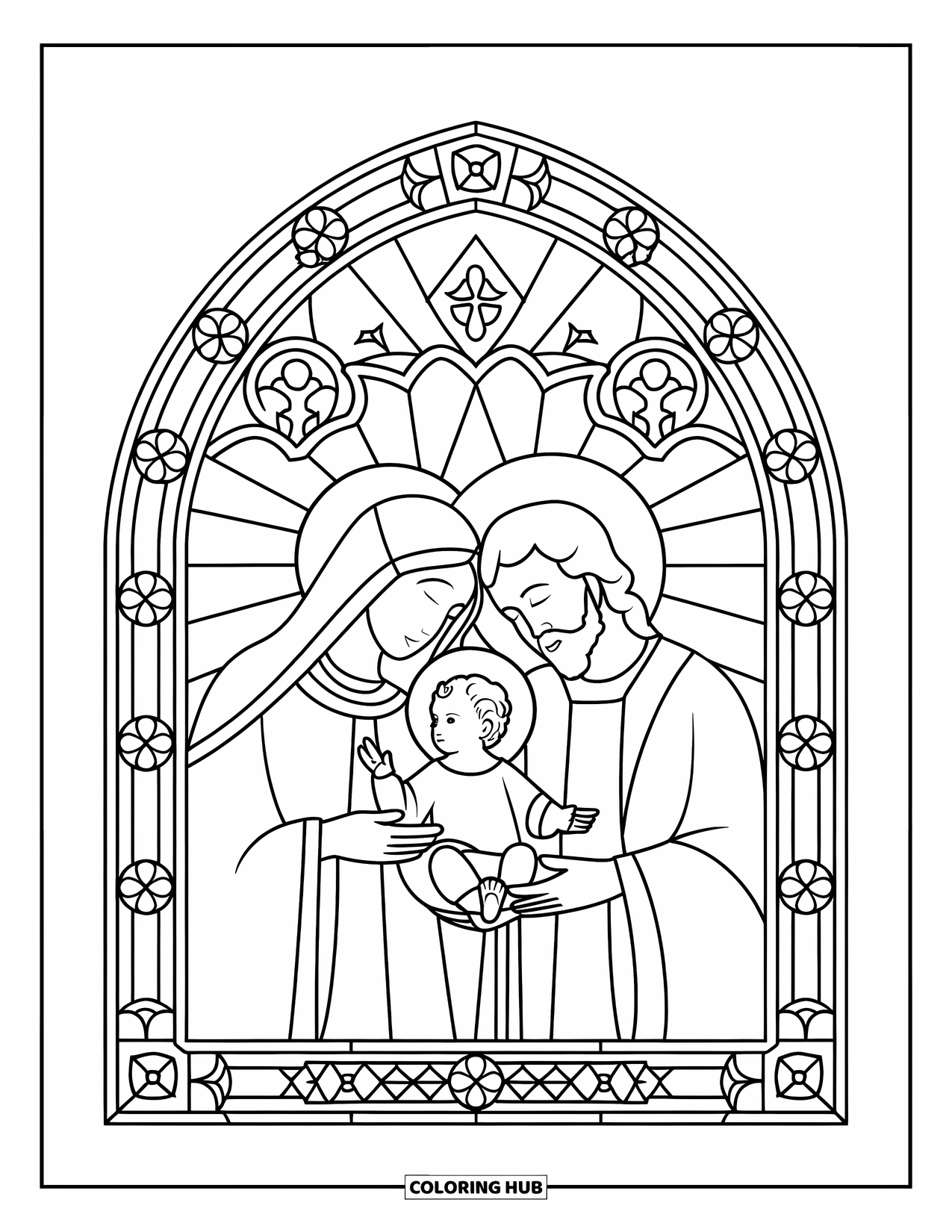Nativity Coloring Page for Adults: Mary, Joseph, and baby Jesus stand within a detailed stained glass arch
