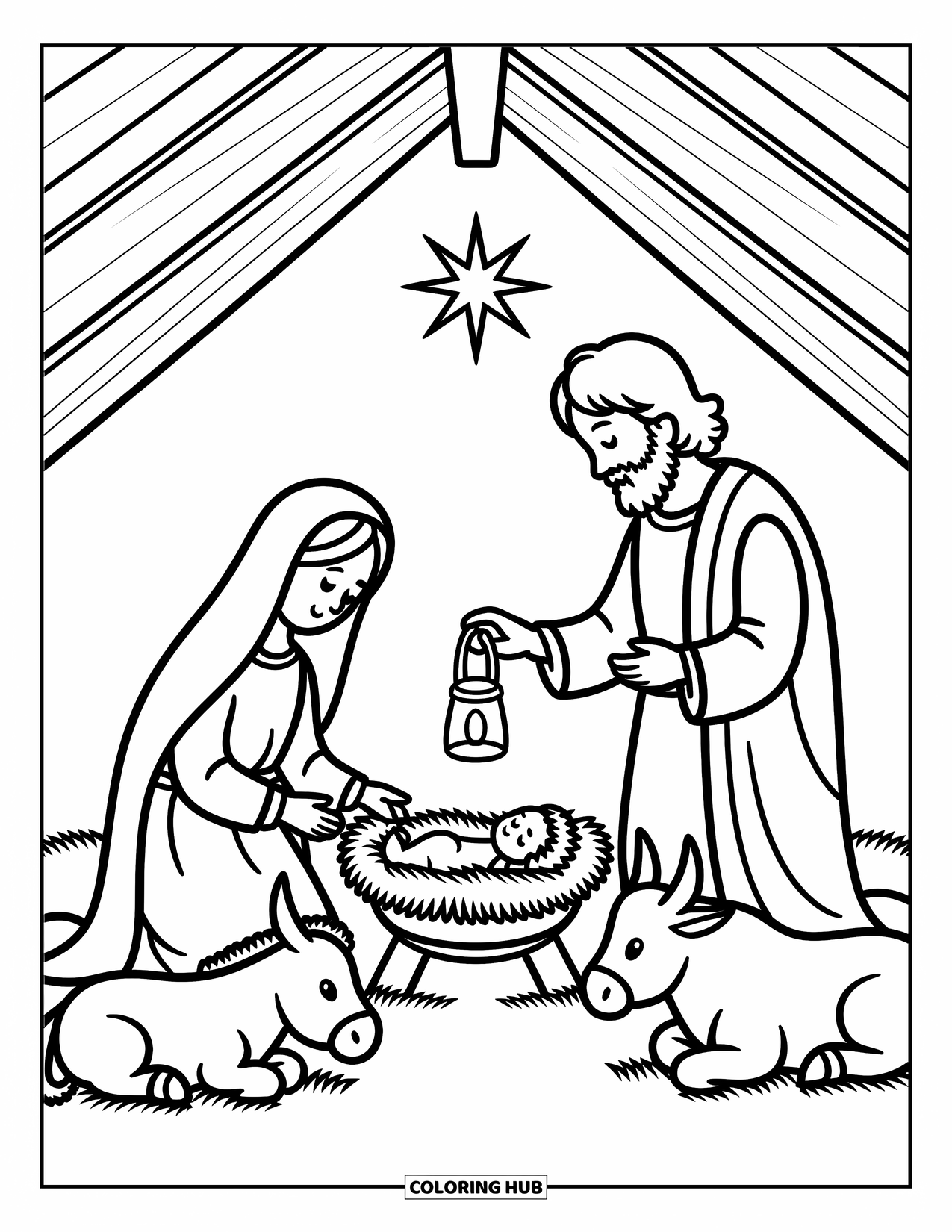 Nativity Coloring Page for Adults: Mary kneels beside baby Jesus while Joseph holds a lantern in a quiet stable