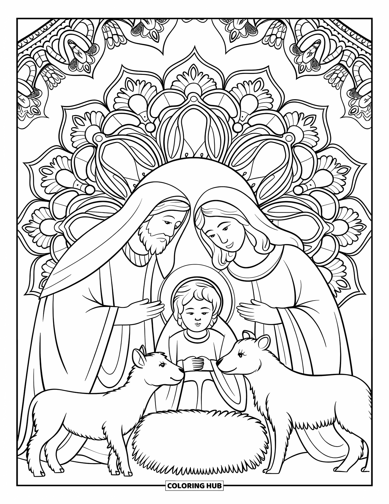 Nativity Coloring Page for Adults: The Holy Family and animals gather in a stable framed by mandala art