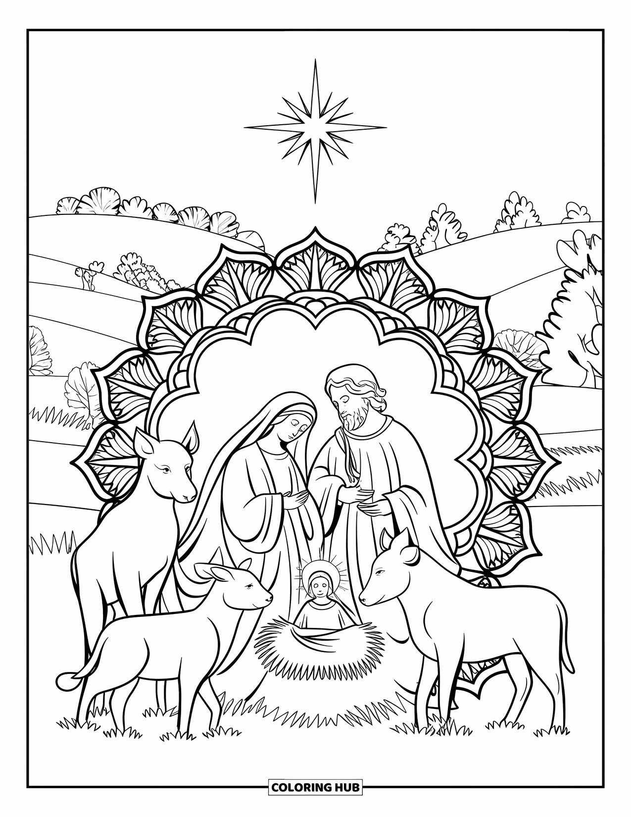 Nativity Coloring Page for Adults: The Holy Family and animals rest under a bright star surrounded by patterns