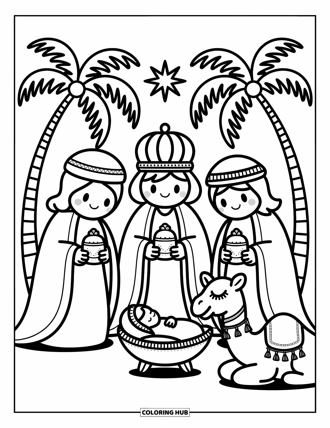Nativity Coloring Page for Adults: Three wise men approach baby Jesus with gifts under a glowing star in the sky