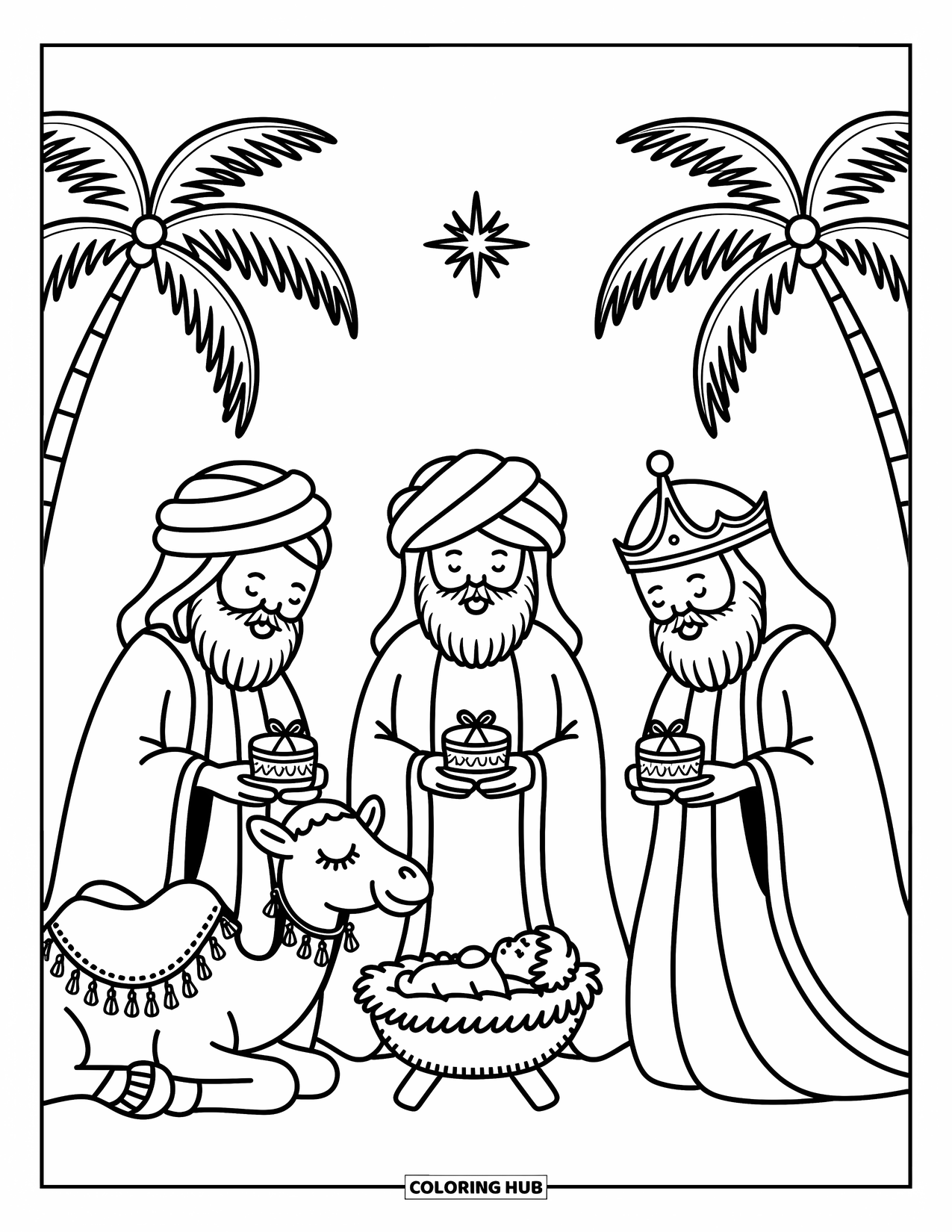 Nativity Coloring Page for Adults: Three wise men offer gifts to baby Jesus beneath a softly shining star