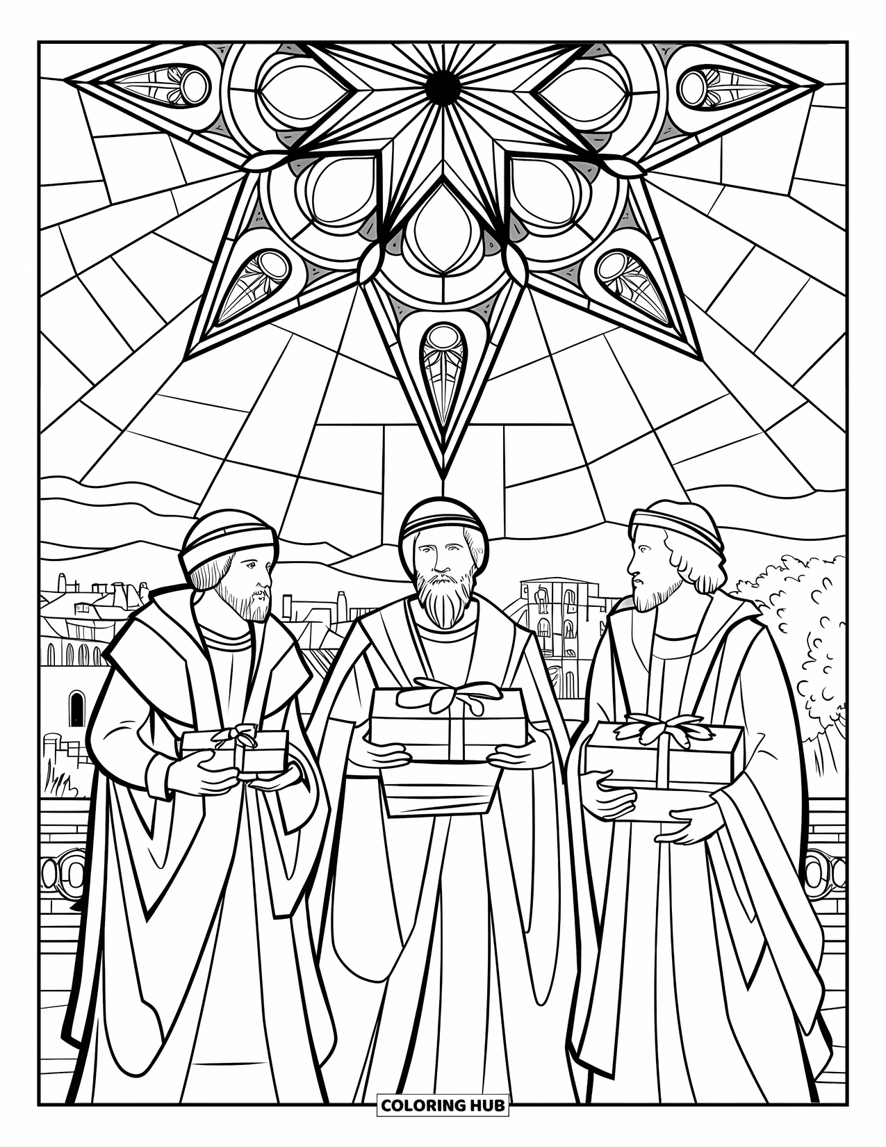 Nativity Coloring Page for Adults: Three wise men offer gifts under a radiant, patterned star above the city