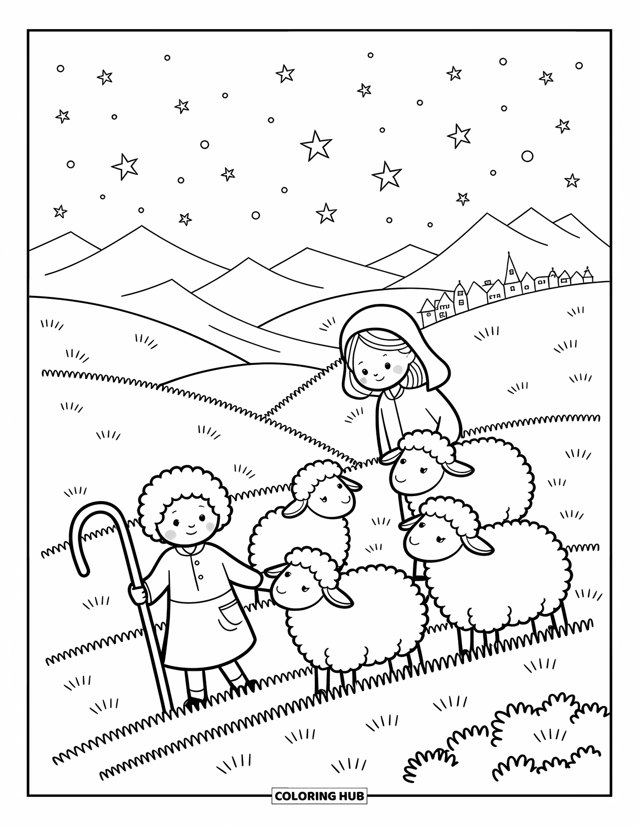 Nativity Coloring Page for Adults: Two young shepherds guide their sheep across a peaceful hillside beneath a starry sky