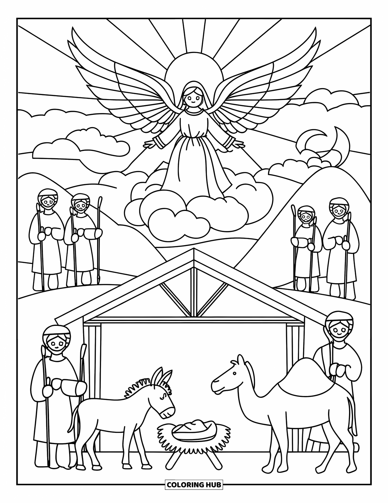 Nativity Coloring Page for Kids: A bright angel stands on a cloud as shepherds watch near the stable