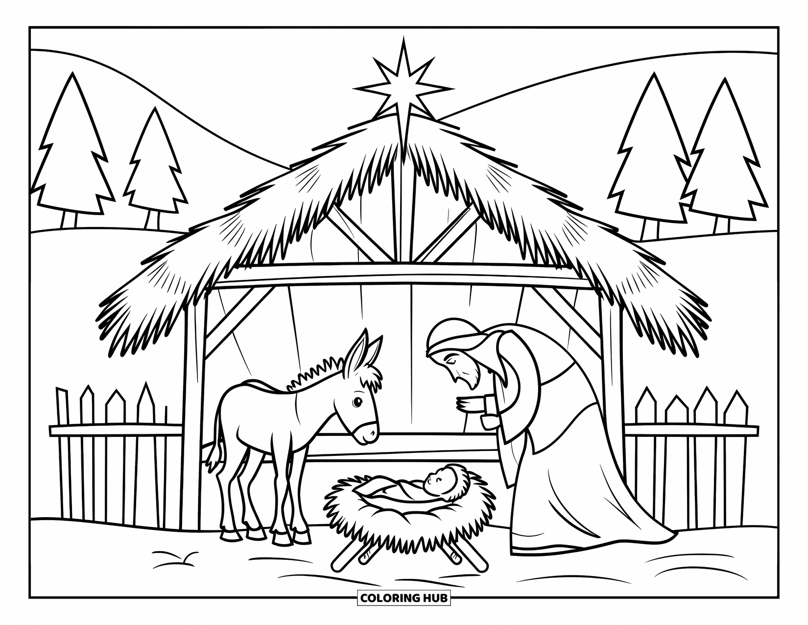 Nativity Coloring Page for Kids: A donkey gazes at baby Jesus resting in a wooden stable