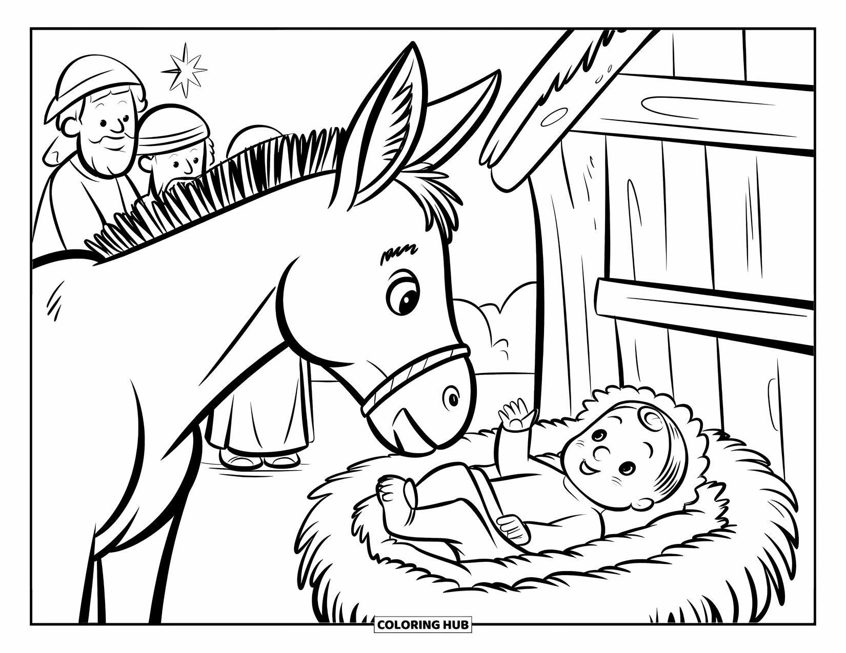 Nativity Coloring Page for Kids: A donkey watches baby Jesus under a shining star