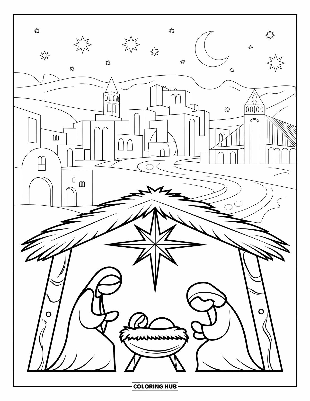 Nativity Coloring Page for Kids: A quiet nativity scene glows with Bethlehem's city lights in the distance