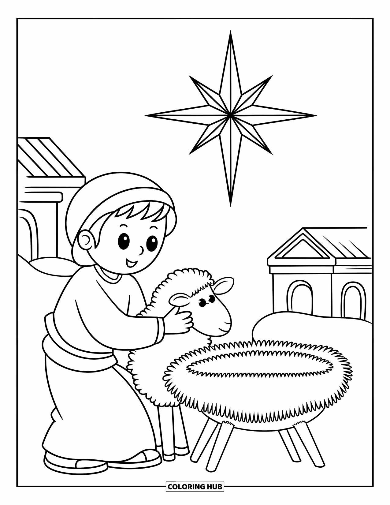 Nativity Coloring Page for Kids: A shepherd hugs a sheep near the manger beneath a bright star