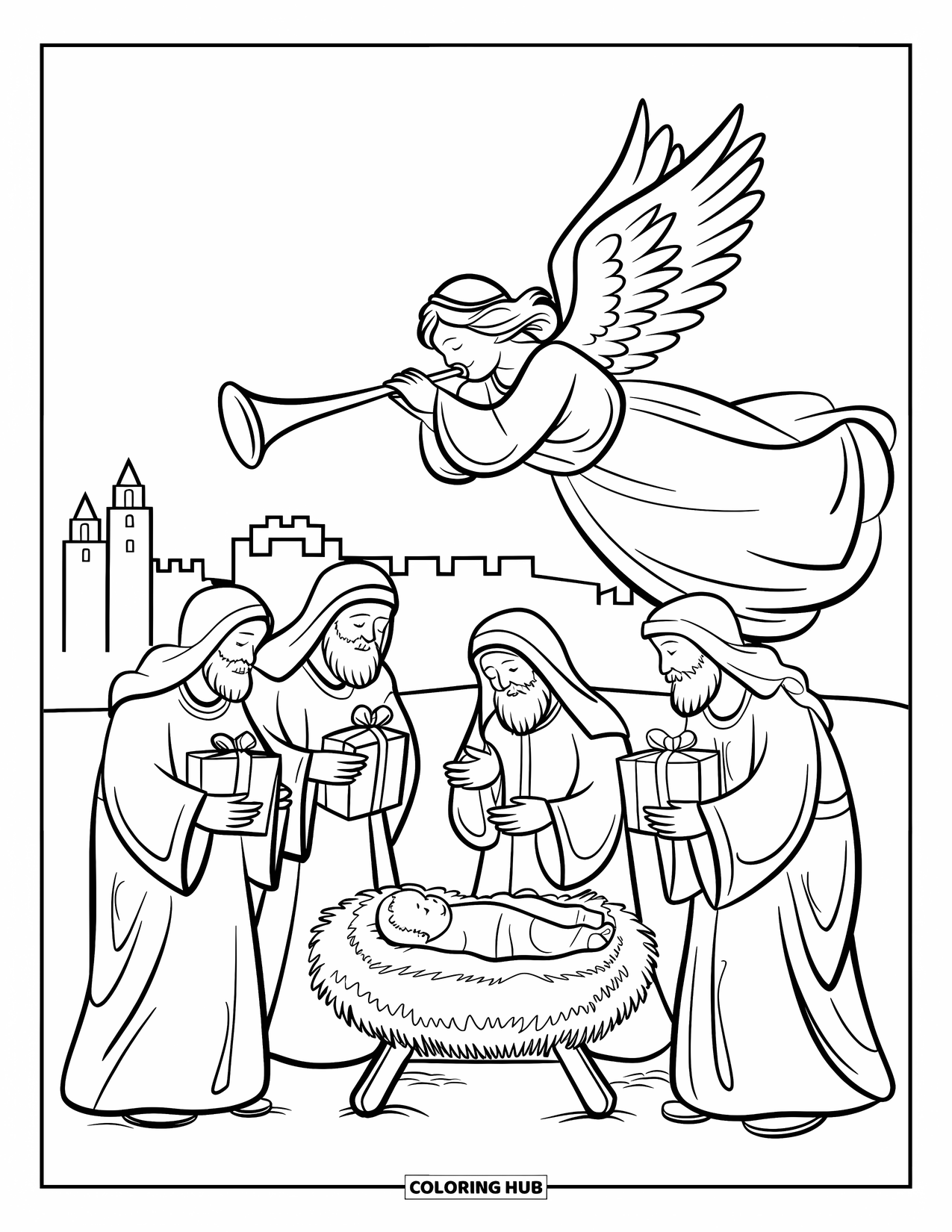 Nativity Coloring Page for Kids: An angel blows a trumpet above the manger as wise men bring gifts
