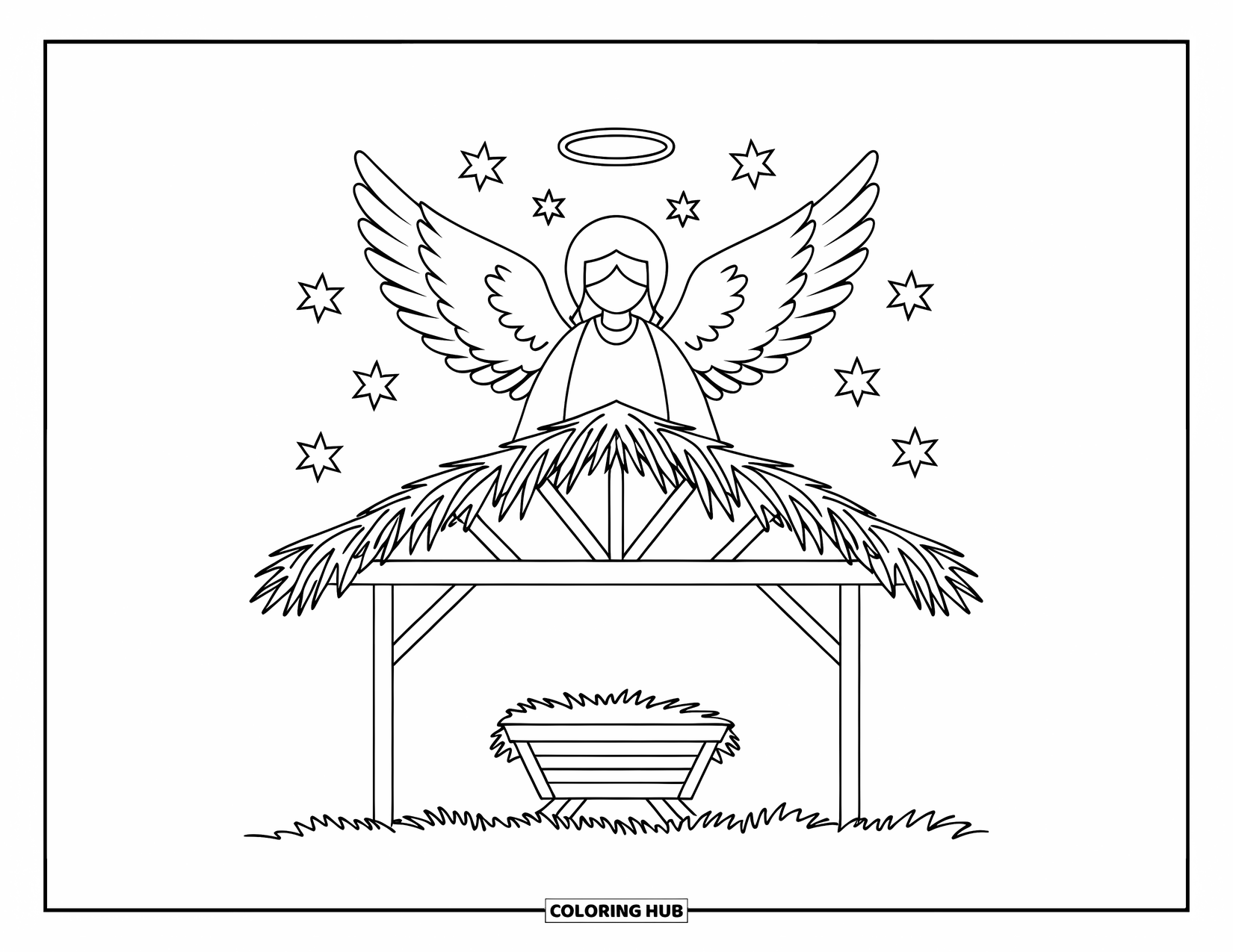 Nativity Coloring Page for Kids: An angel with a halo hovers over a warm stable under a starry sky