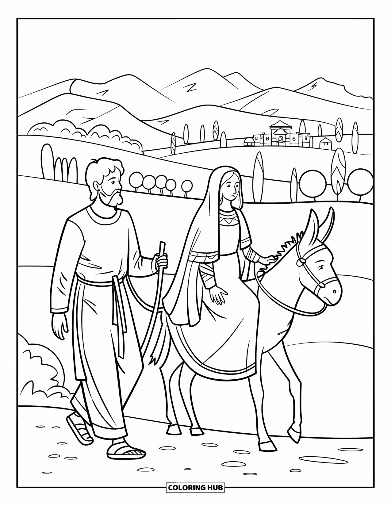 Nativity Coloring Page for Kids: Joseph leads Mary on a donkey through the hills toward Bethlehem
