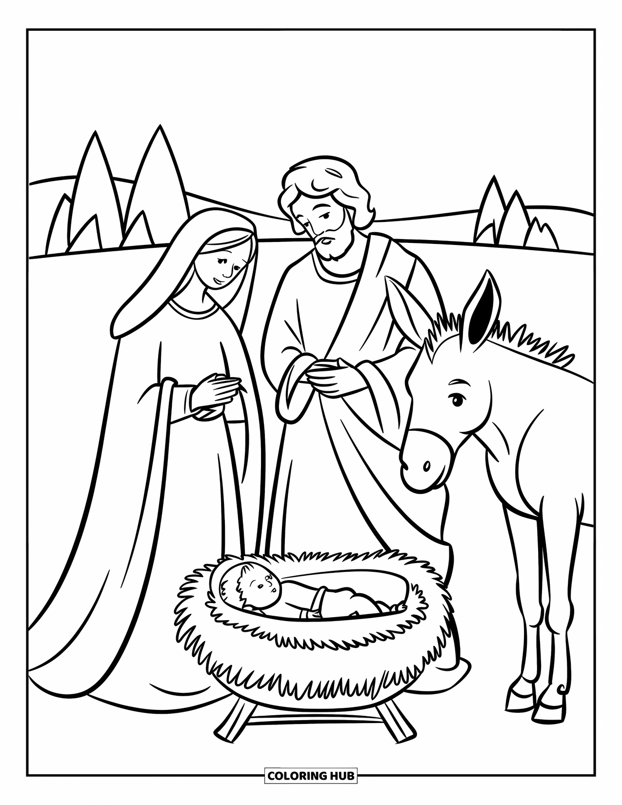 Nativity Coloring Page for Kids: Mary and Joseph stand beside baby Jesus under a starry sky