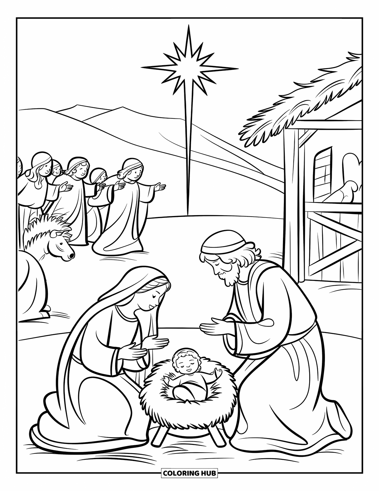 Nativity Coloring Page for Kids: Mary, Joseph, and baby Jesus are joined by others under a guiding star