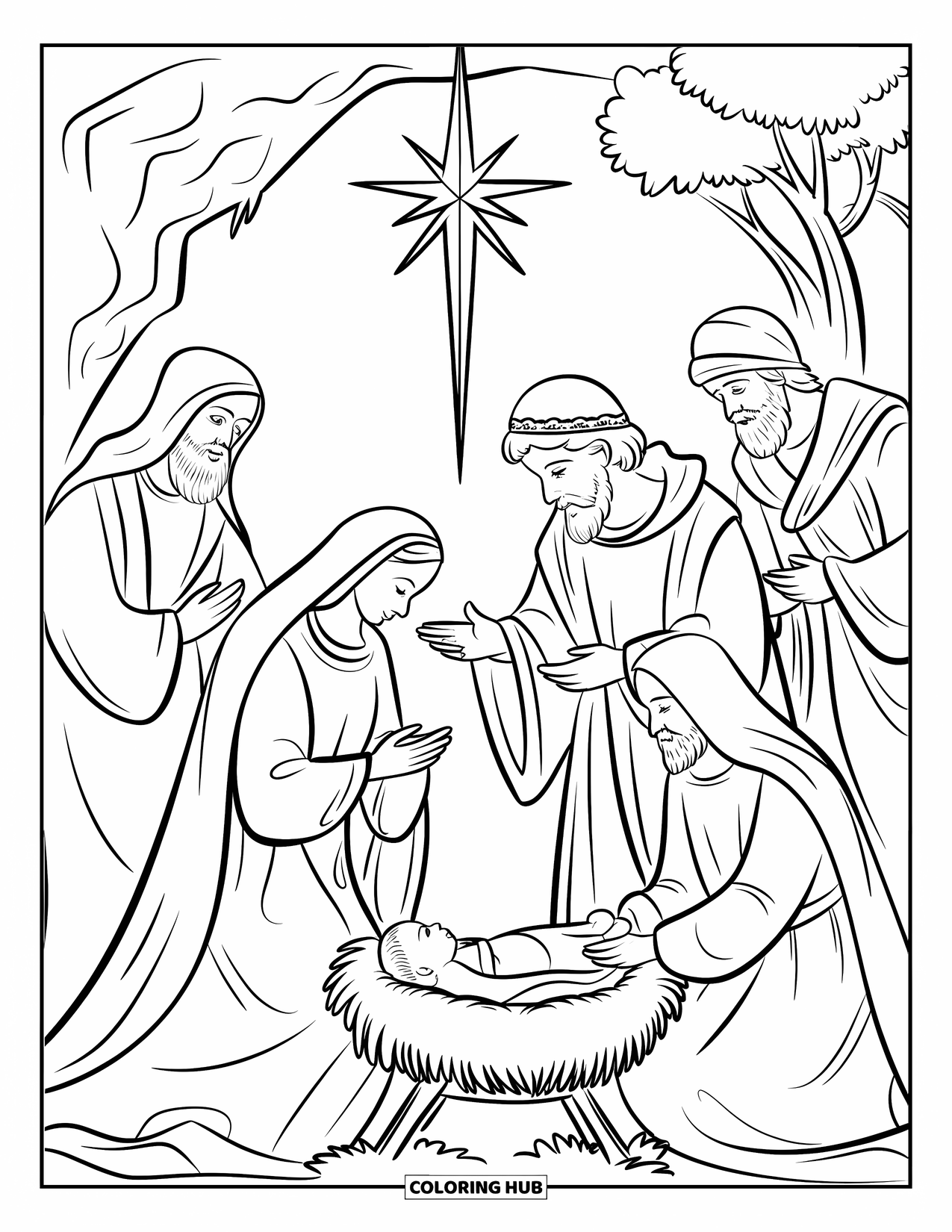 Nativity Coloring Page for Kids: Mary, Joseph, and baby Jesus gather beneath a bright guiding star